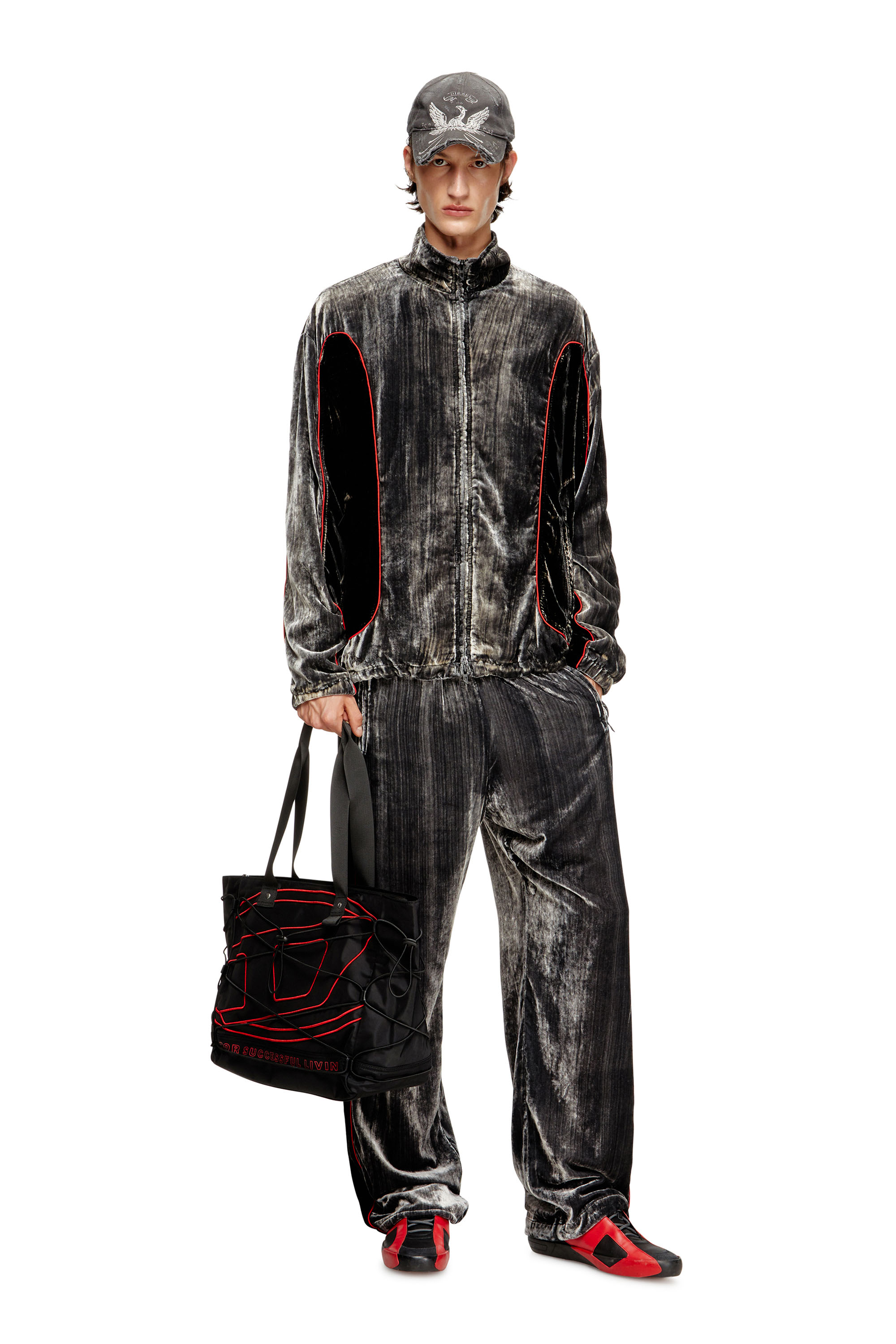 Diesel - J-HAY, Man's Track jacket in treated velvet in Black/Red - 1