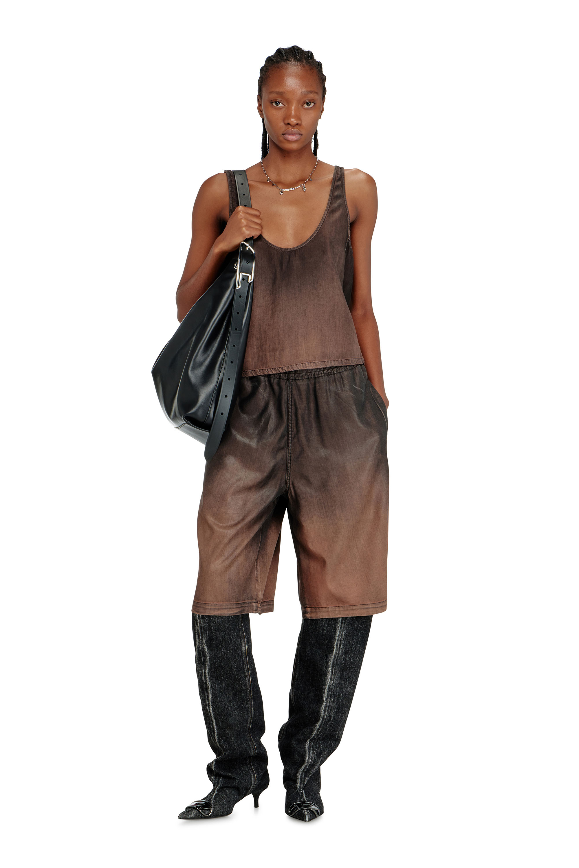 Diesel - DE-NORIAN-S, Woman's Tank top in fluid coated denim in Black/Brown - 2