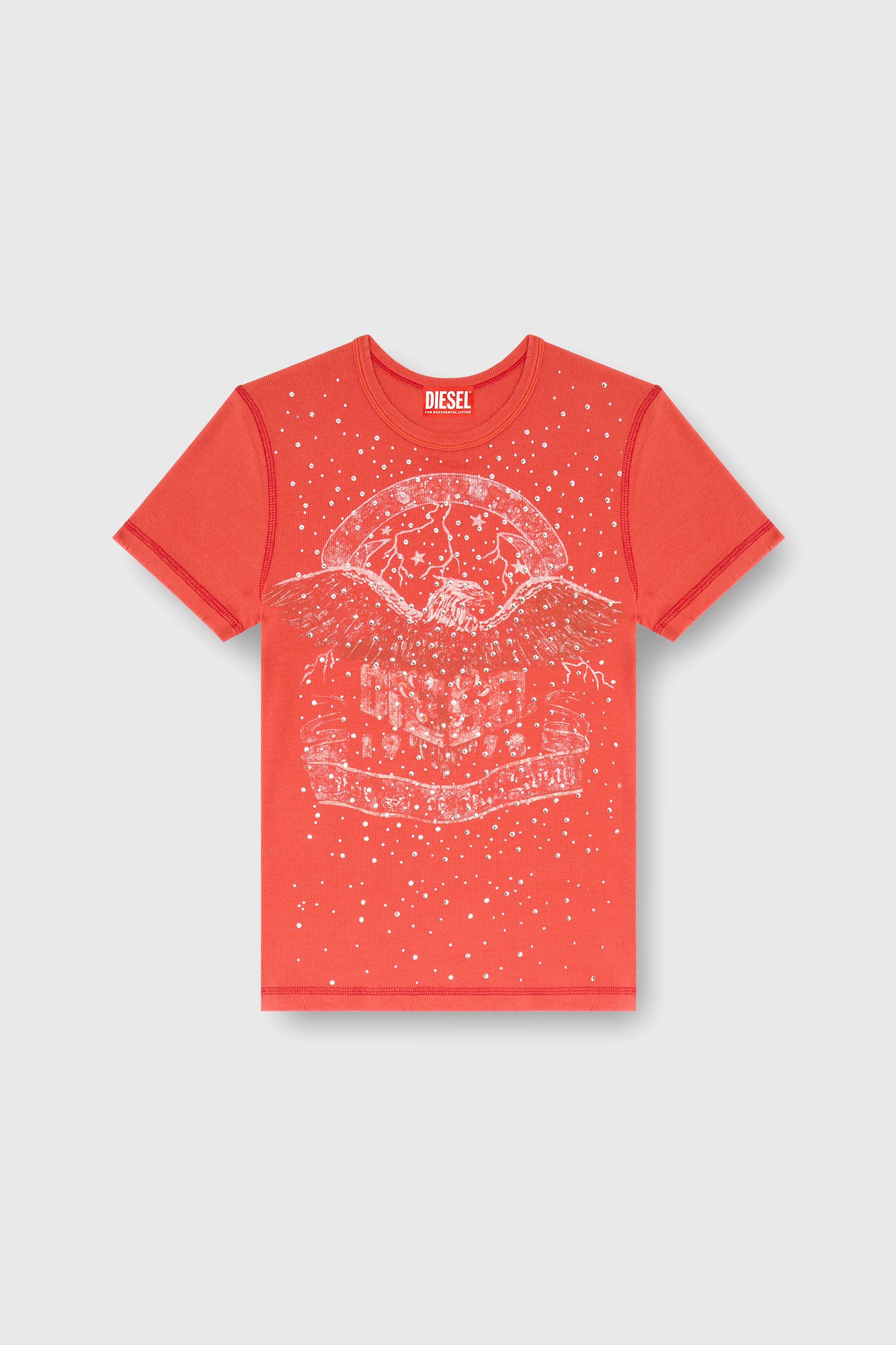Diesel - T-MARSY-RIB-CRY, Woman's T-shirt with concert graphics and crystals in Red - 1