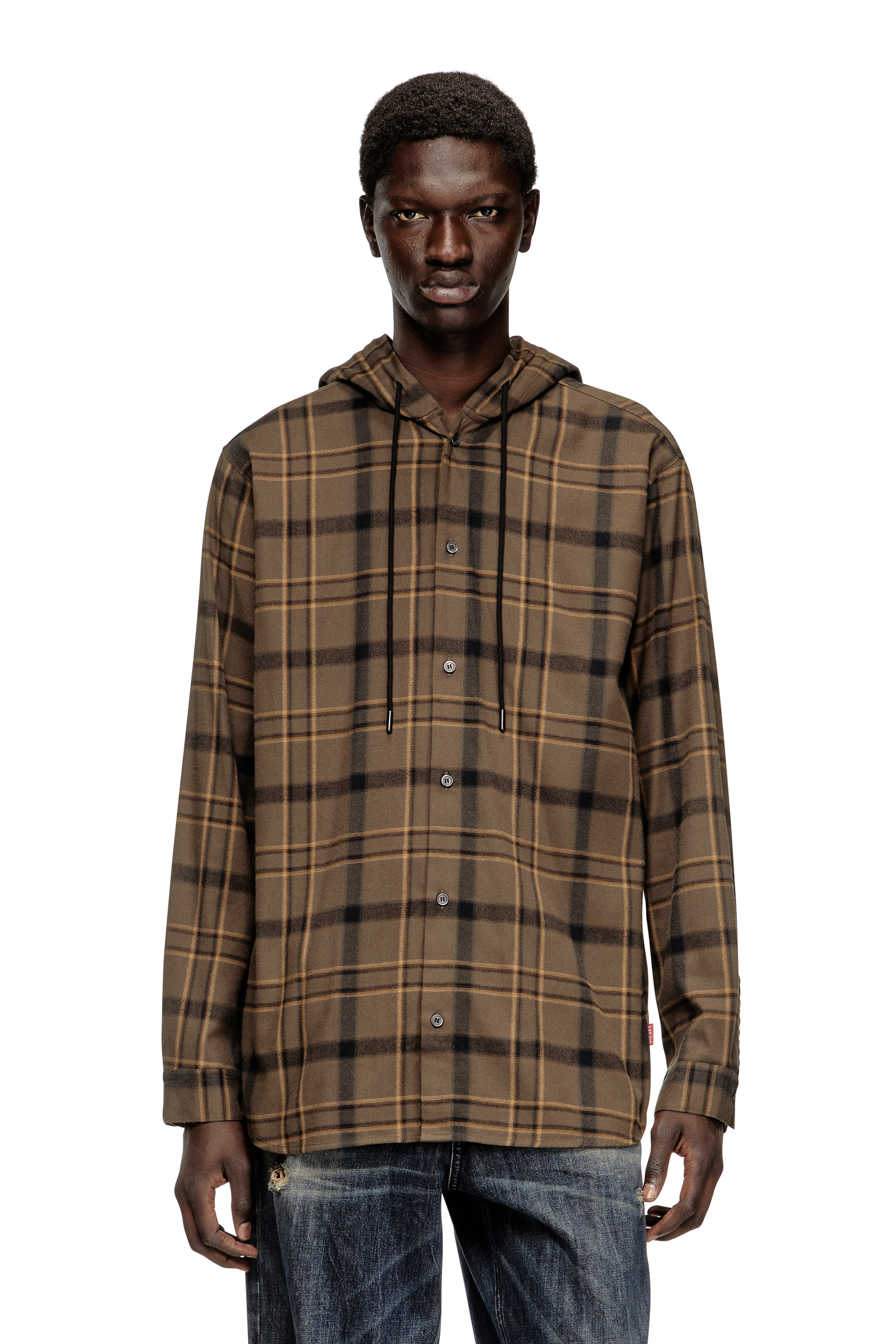 Diesel - S-IX, Man's Hooded shirt in check flannel with logo in Beige/Brown - 3