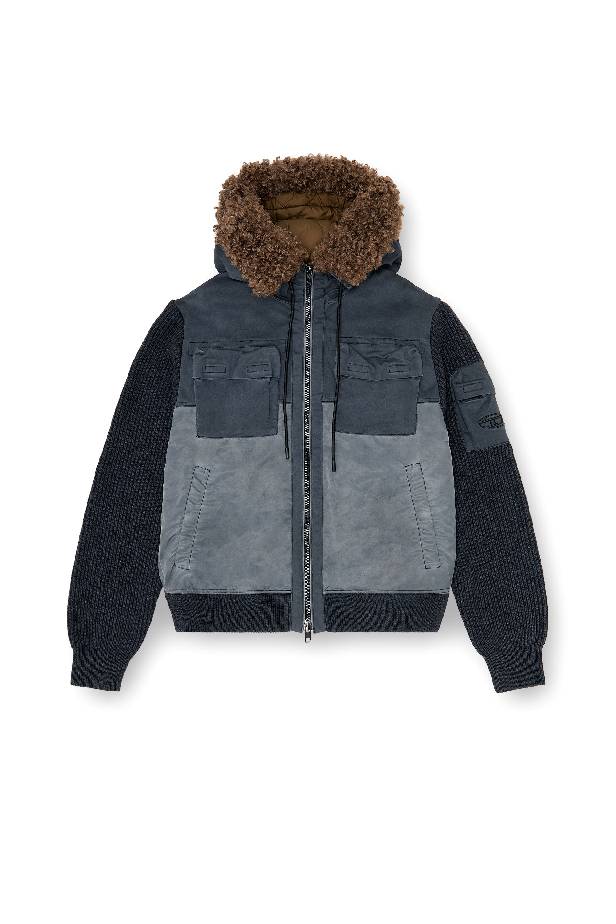 Diesel - W-DELLS, Man's Hooded padded jacket with knitted sleeves in Dark Blue - 3