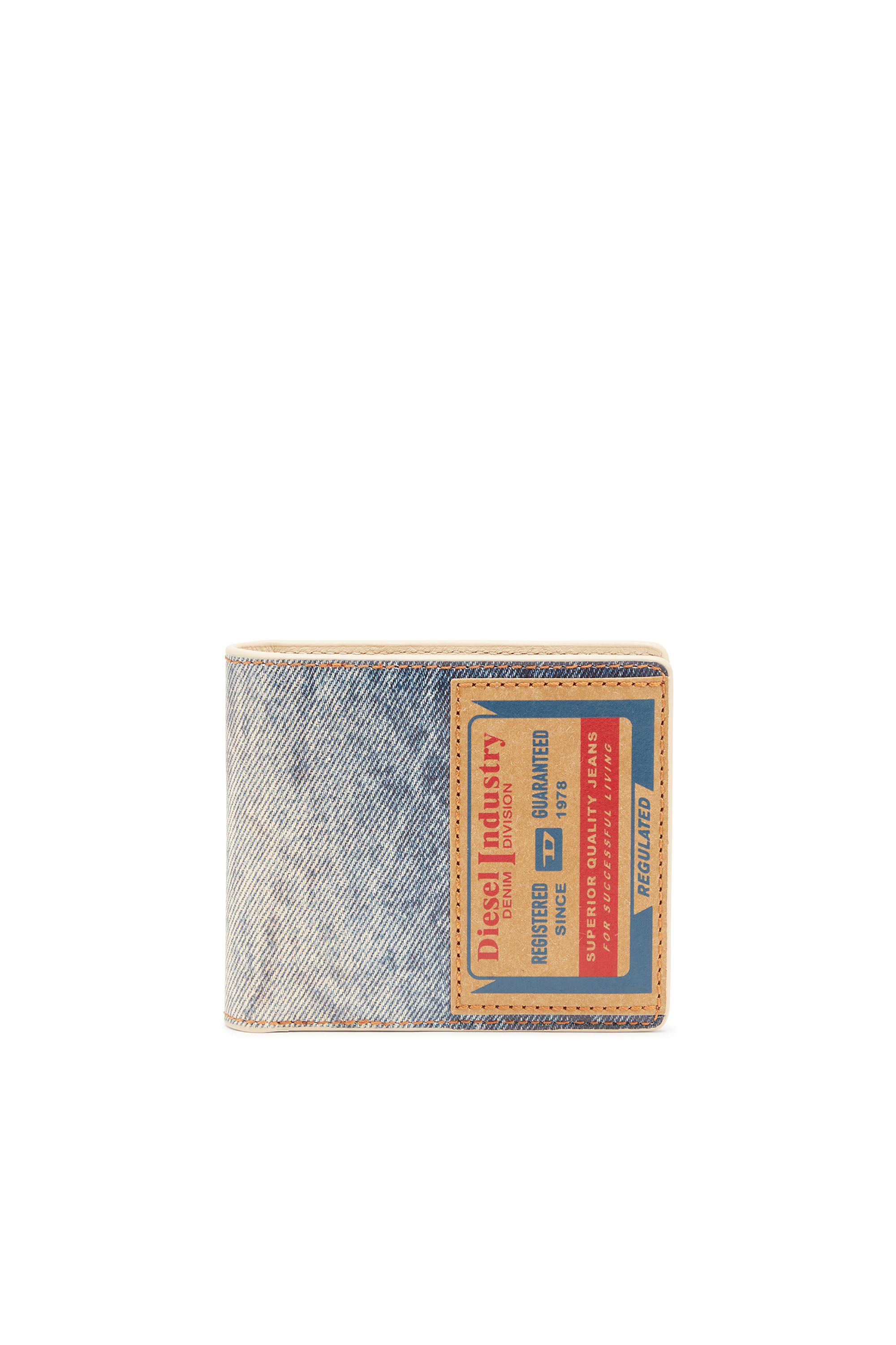 Diesel - JACKRON BI-FOLD COIN S, Man Leather bi-fold wallet with denim print in Blue - Image 1