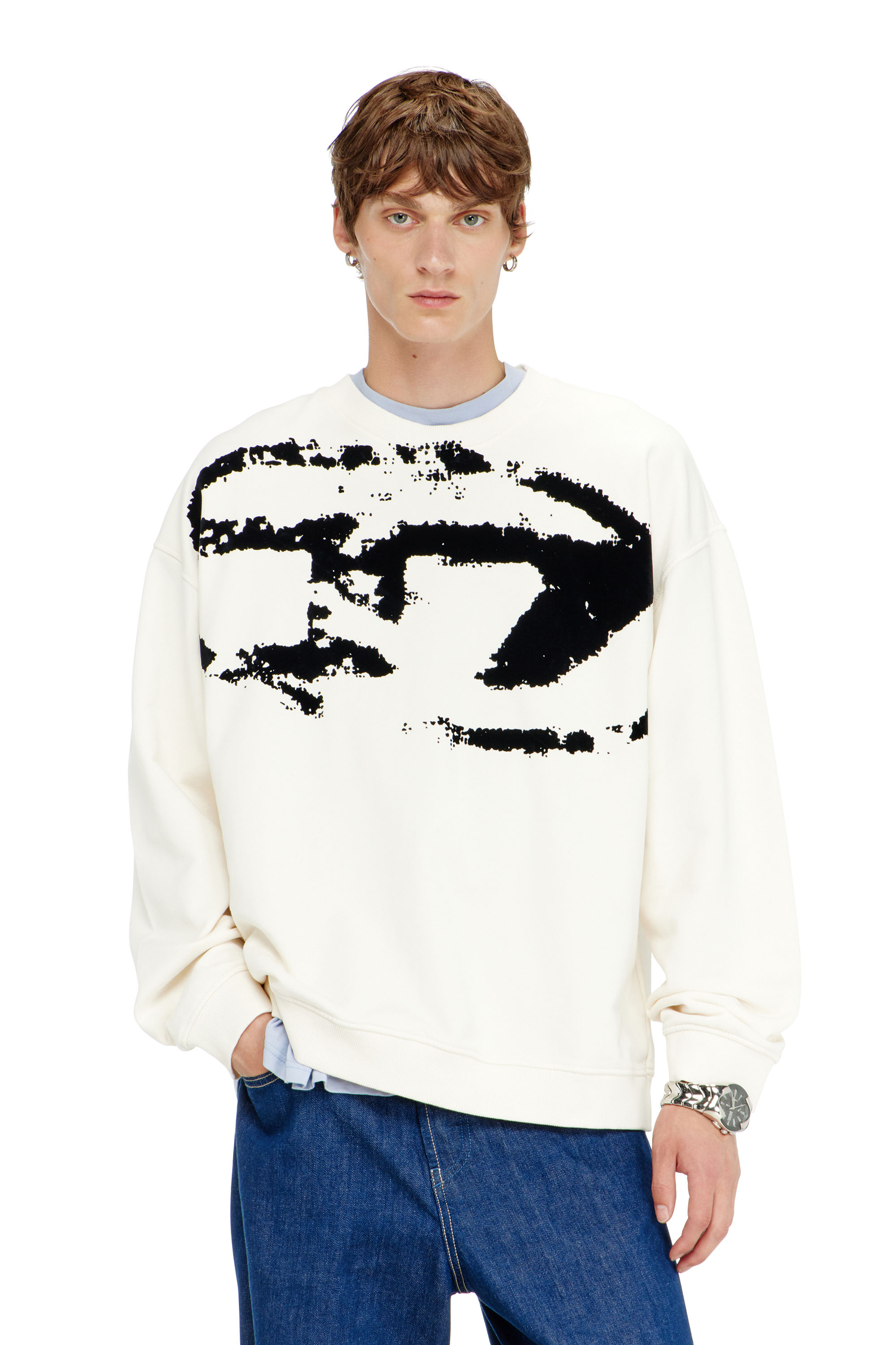 Diesel - S-BOXT-N5, Man's Cotton sweatshirt with flocked Oval D in Black/White - 1