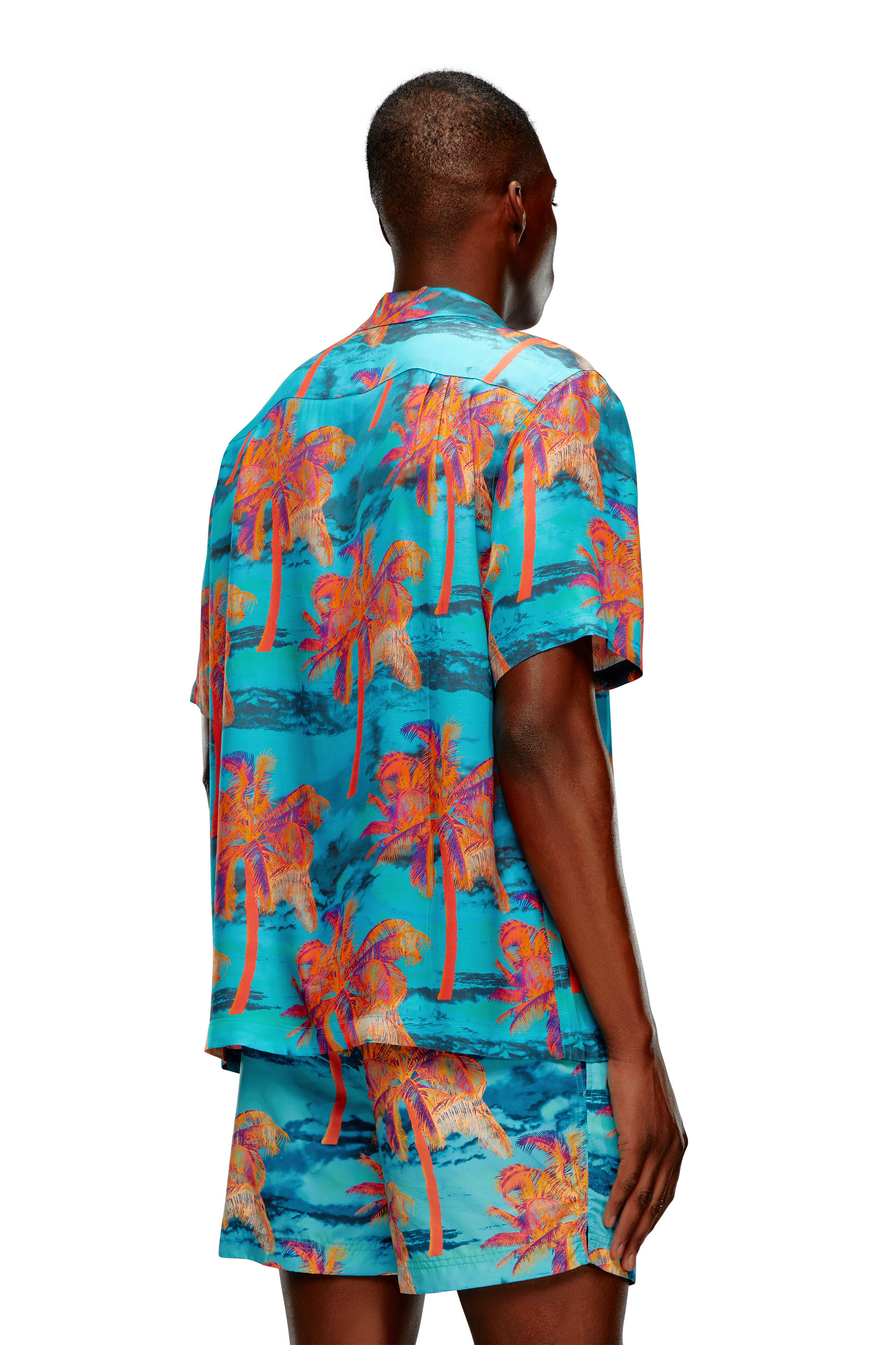 Diesel - BMOWT-ADRIAN, Man's Beach shirt with palm trees print in Blue - 3