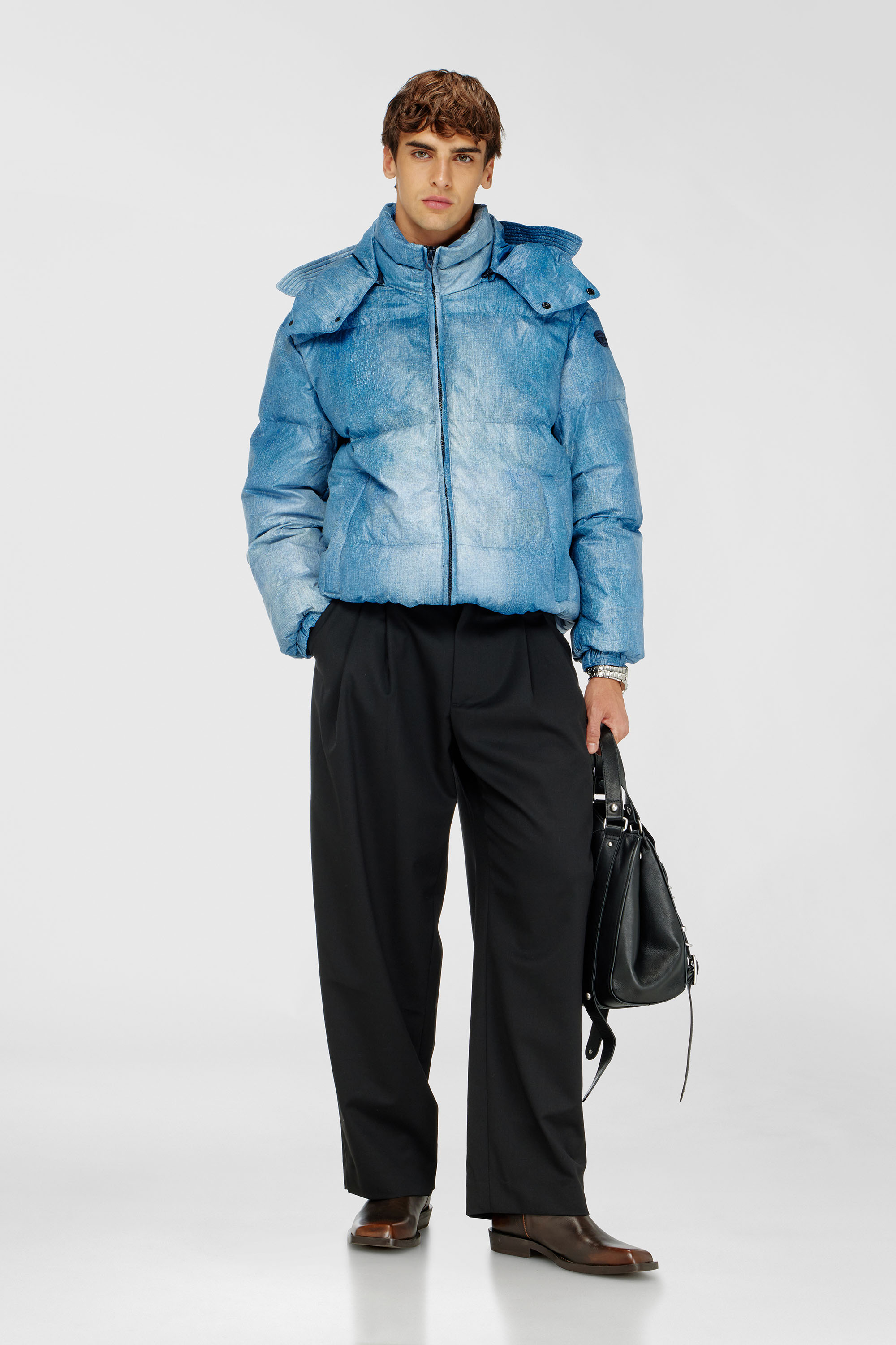 Diesel - W-ROLLY-WRD-BFBN, Man's Hooded down jacket with denim-effect print in Light Blue - 2