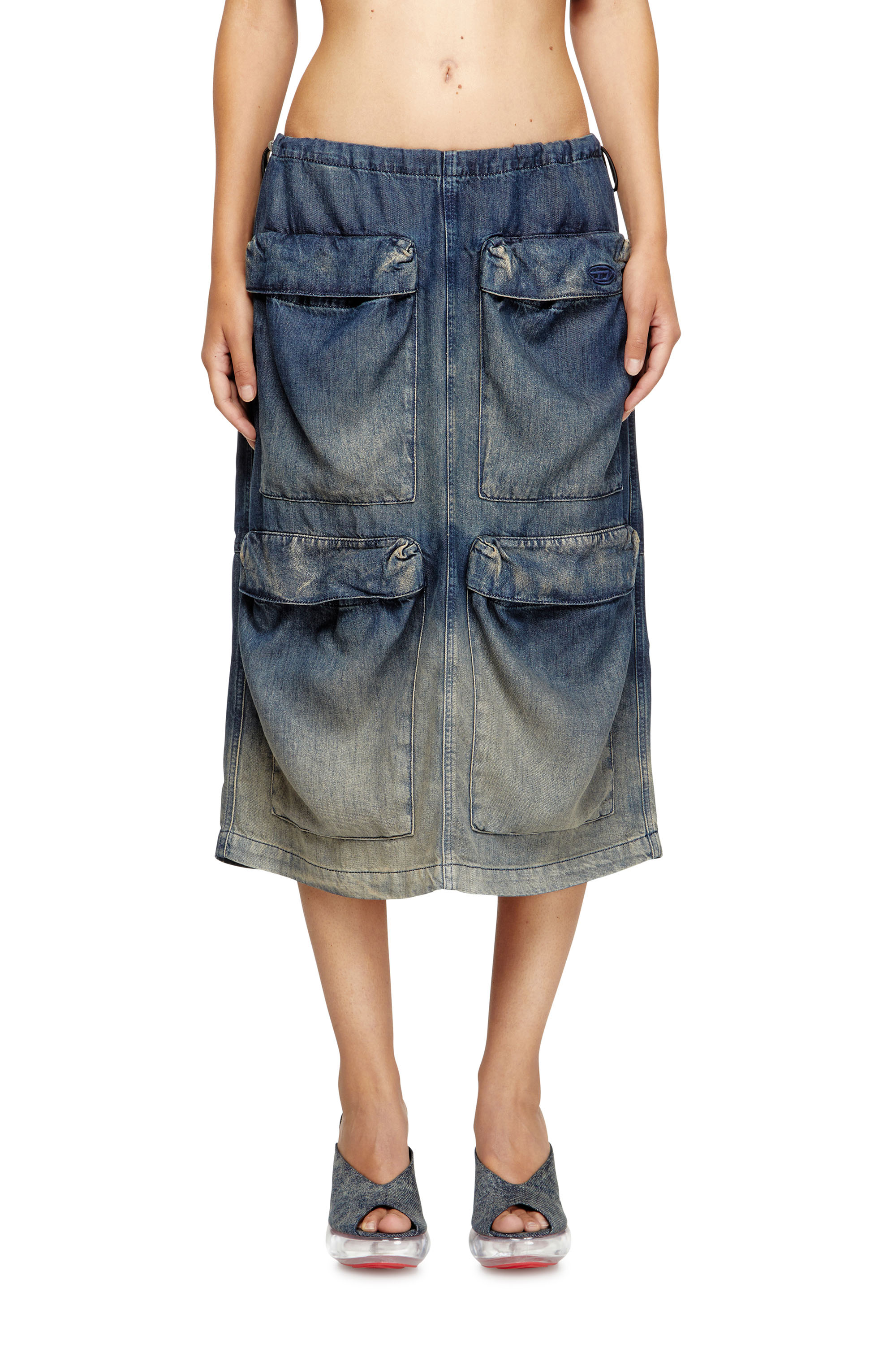 Diesel - DE-MEGI-S, Woman's Midi skirt in gradient fluid denim in Dark Blue - 3