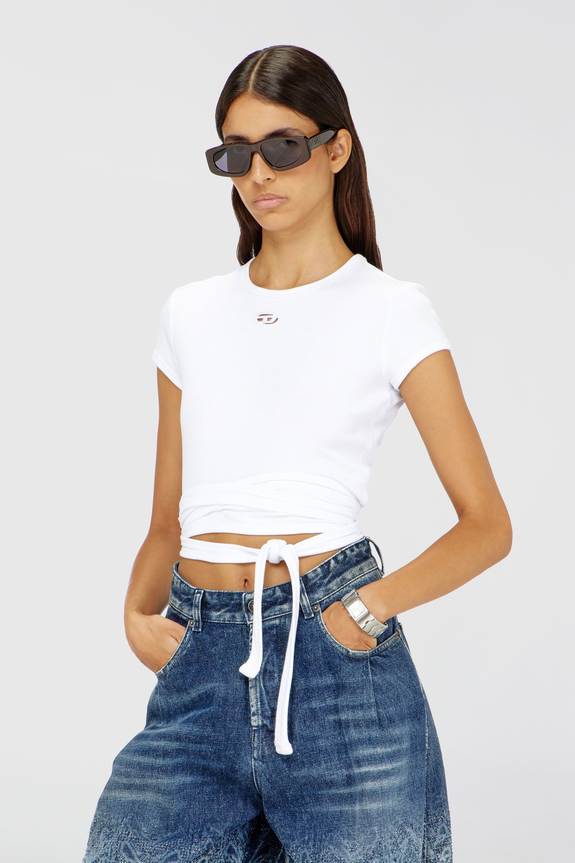 Diesel - T-BUNNY-TAIL-S1, Woman's Ribbed t-shirt with wrap-around laces in White - 1