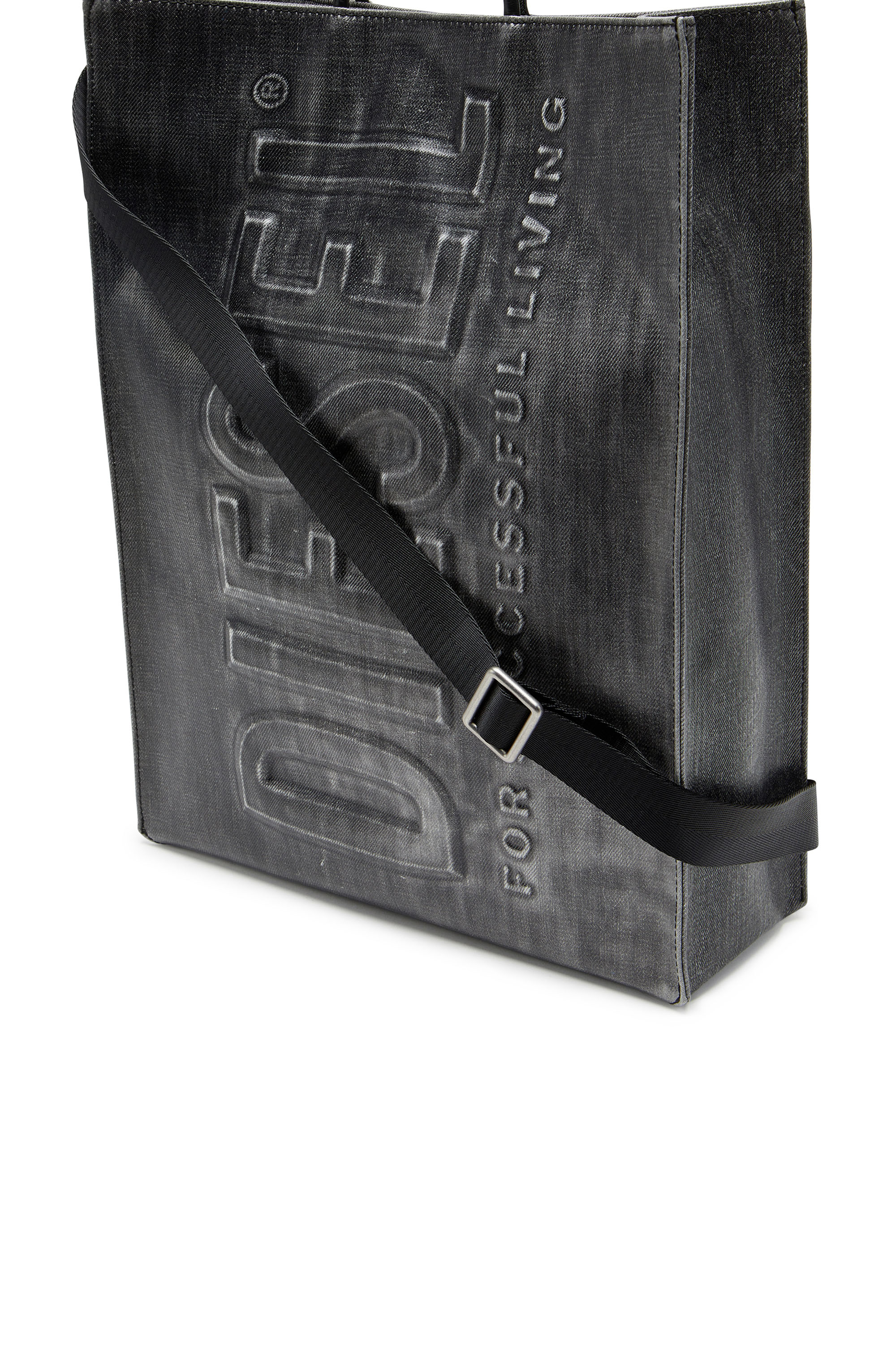 Diesel - DSL 3D SHOPPER L X, Man Dsl 3D L-Large tote bag in coated solarised denim in Black - Image 5