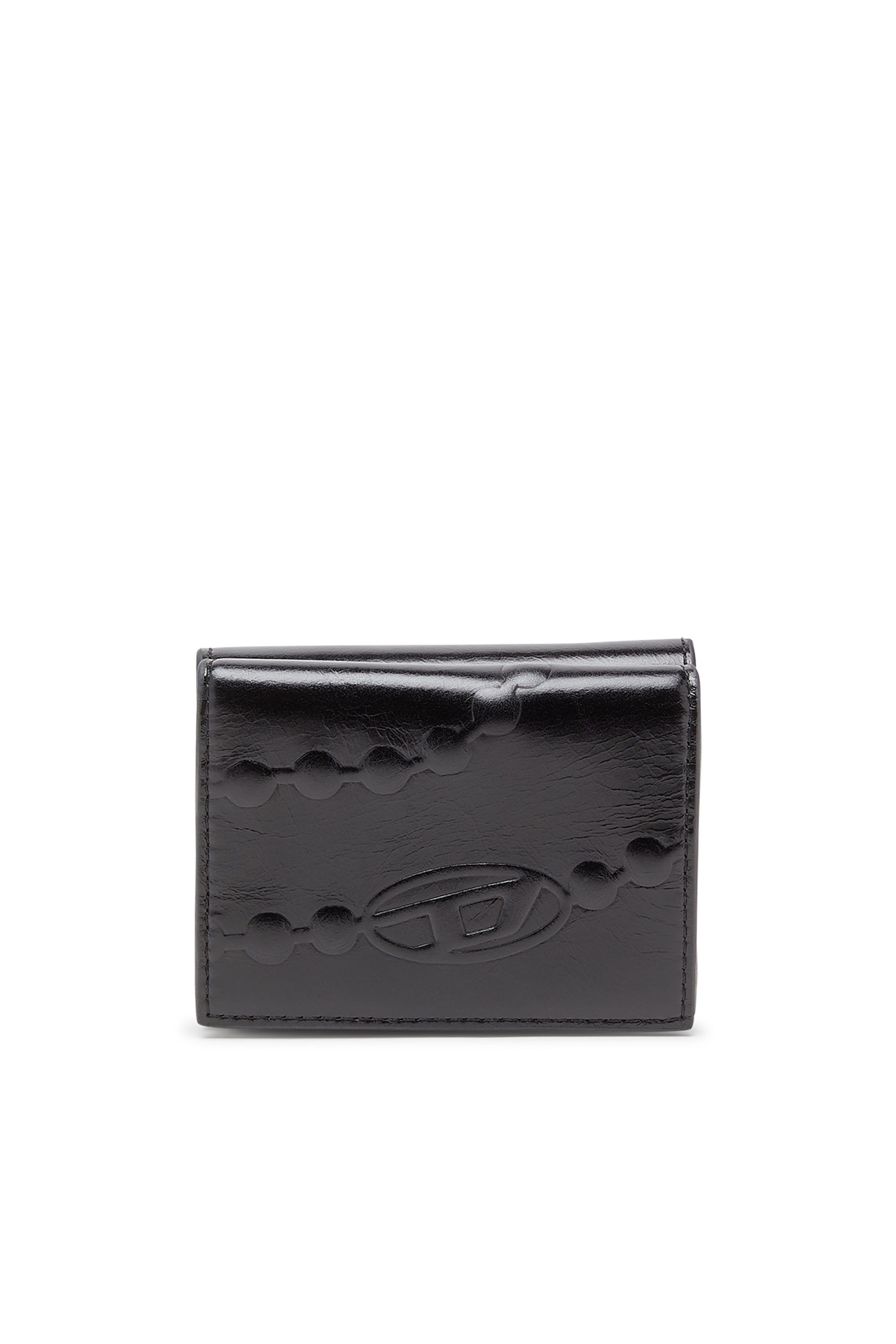 Diesel - TRI FOLD COIN XS II, Woman's Leather tri-fold wallet with embossed chain motif in Black - 1