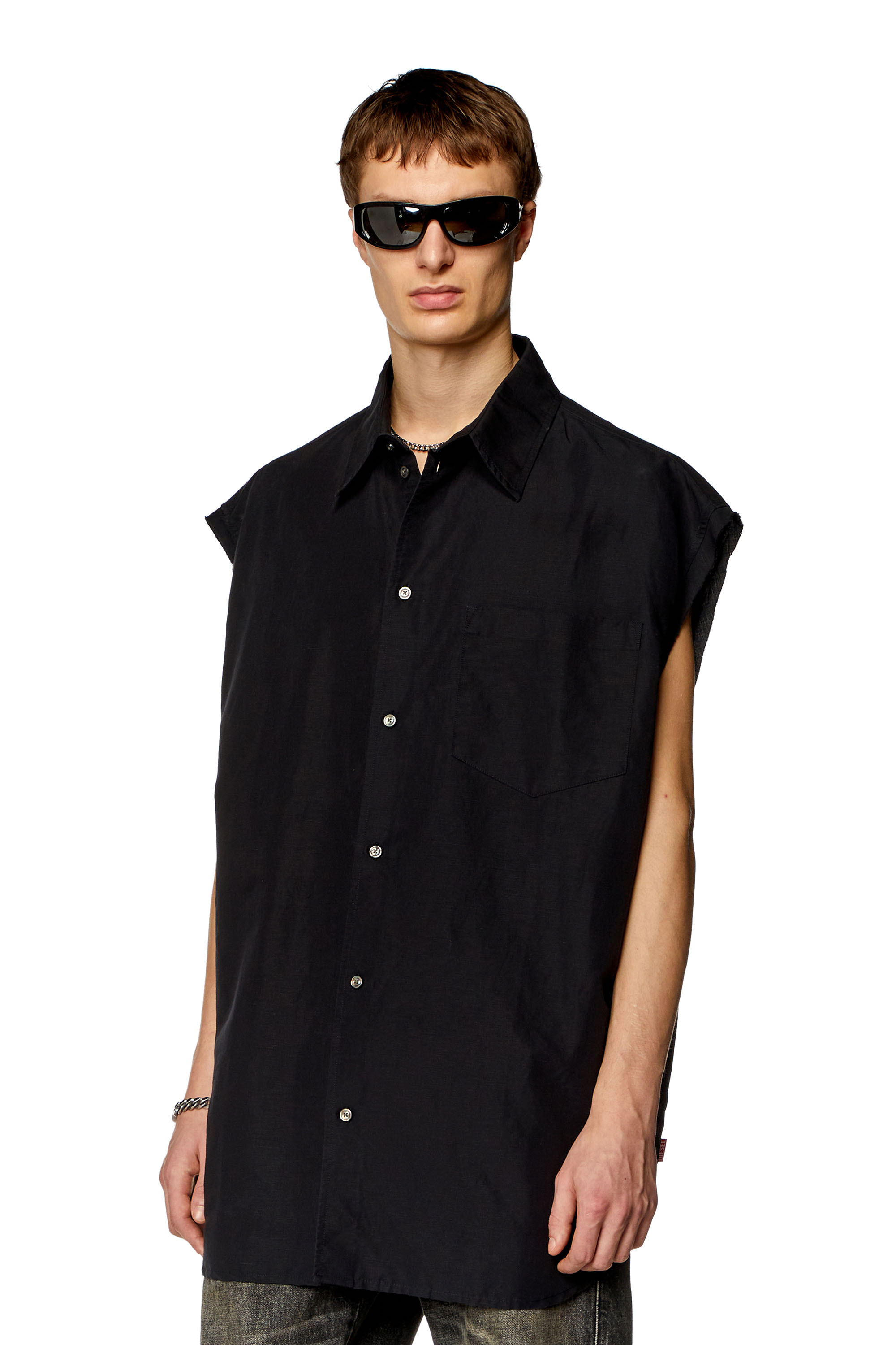 Diesel - S-SIMENS, Man Sleeveless shirt in linen blend in Black - Image 1