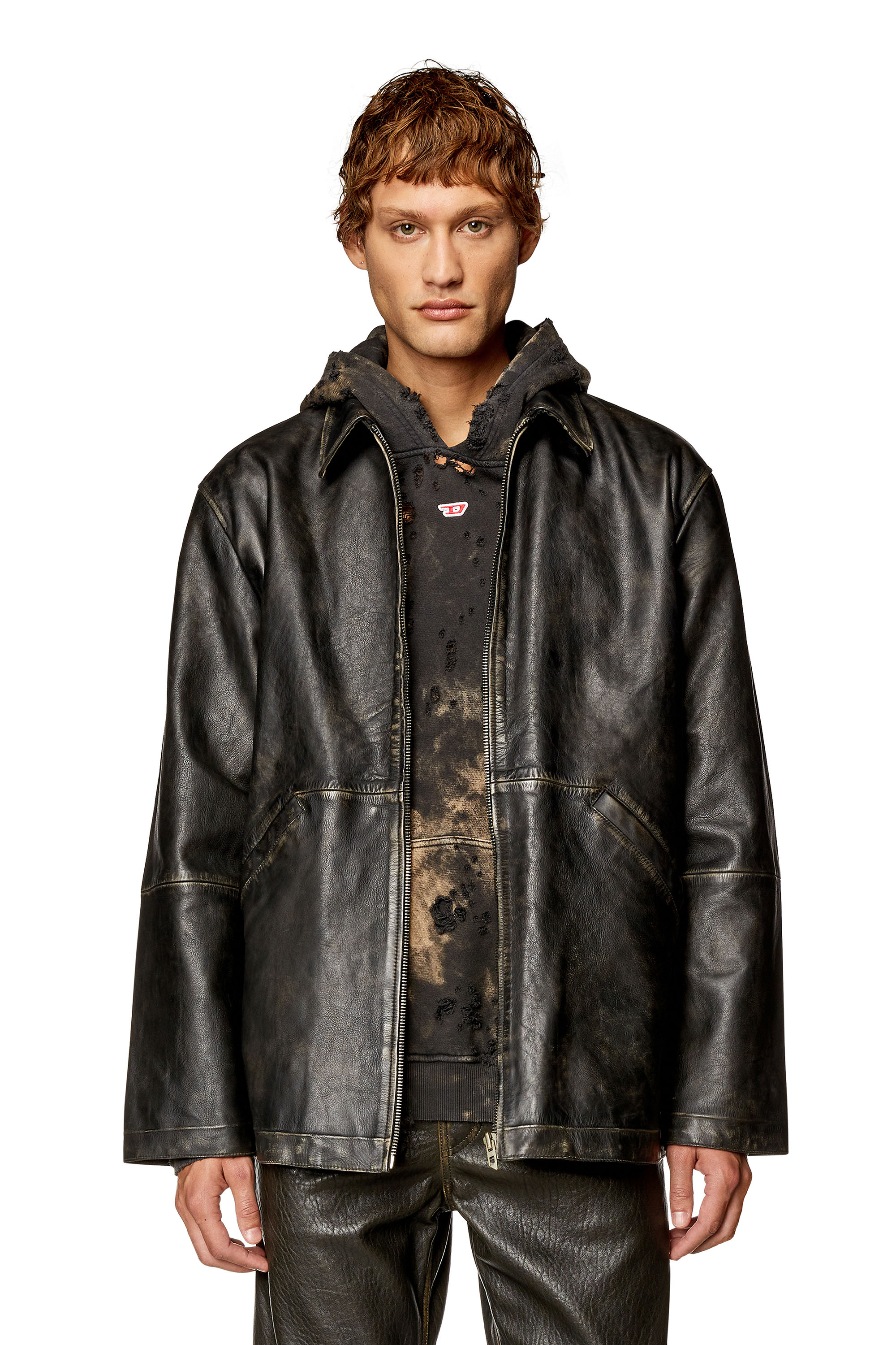 Diesel - L-STOLLER-TREAT, Man Treated leather jacket with raw edges in Black - Image 1