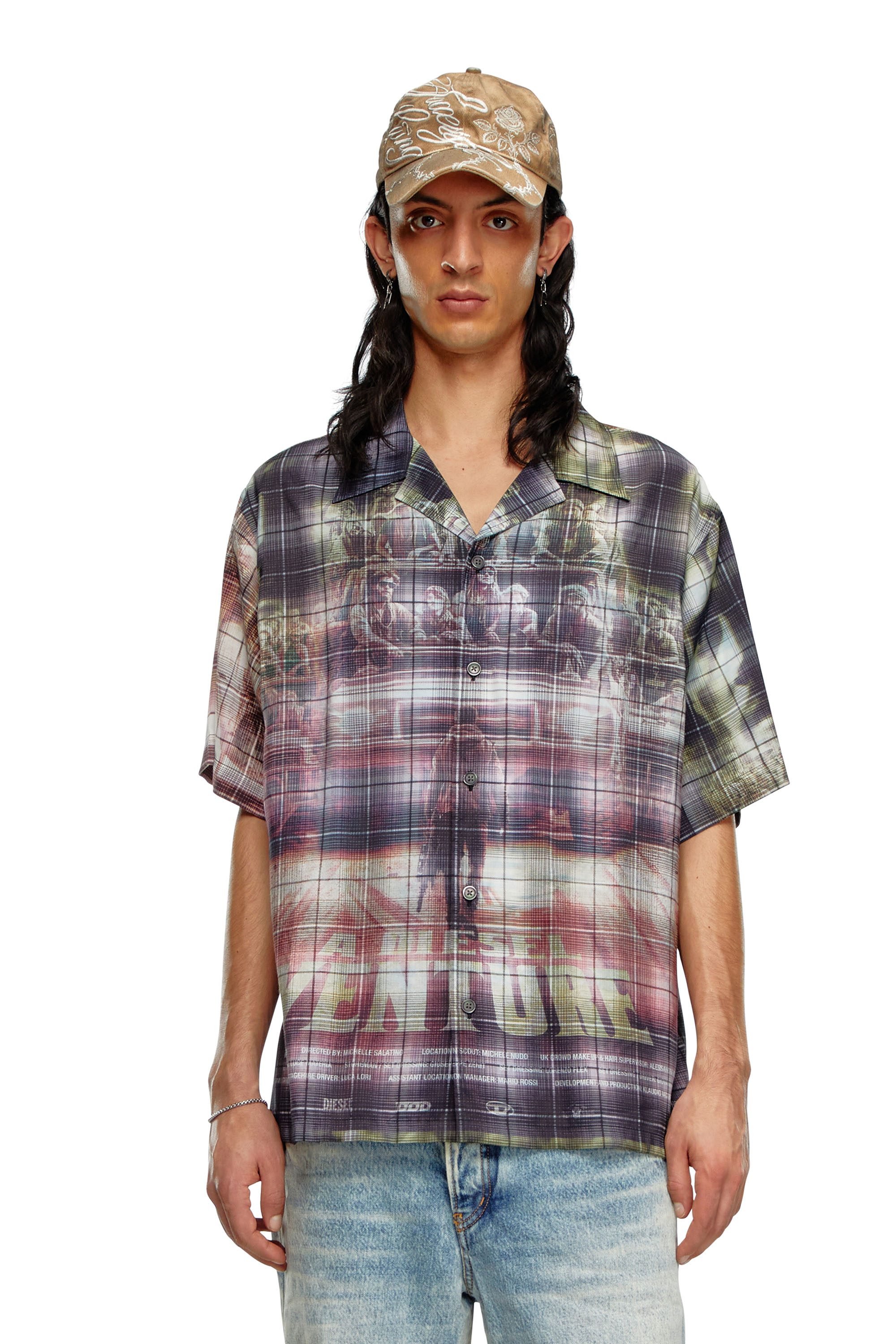 Diesel - S-TILBORG, Man Short-sleeve check shirt with poster print in Multicolor - Image 1