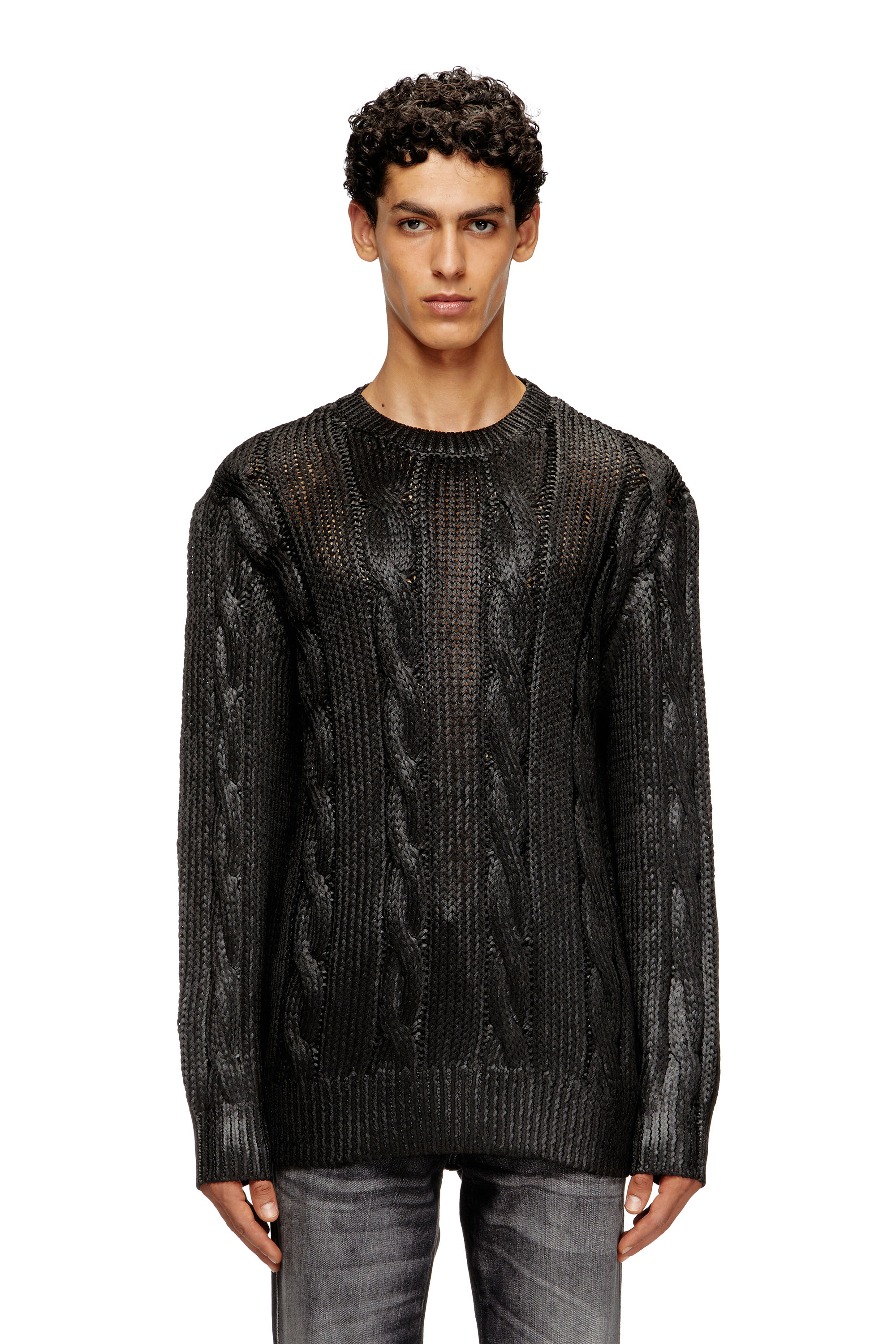 Diesel - K-MICHIU, Man's Cable-knit jumper with shiny effect in Black - 3