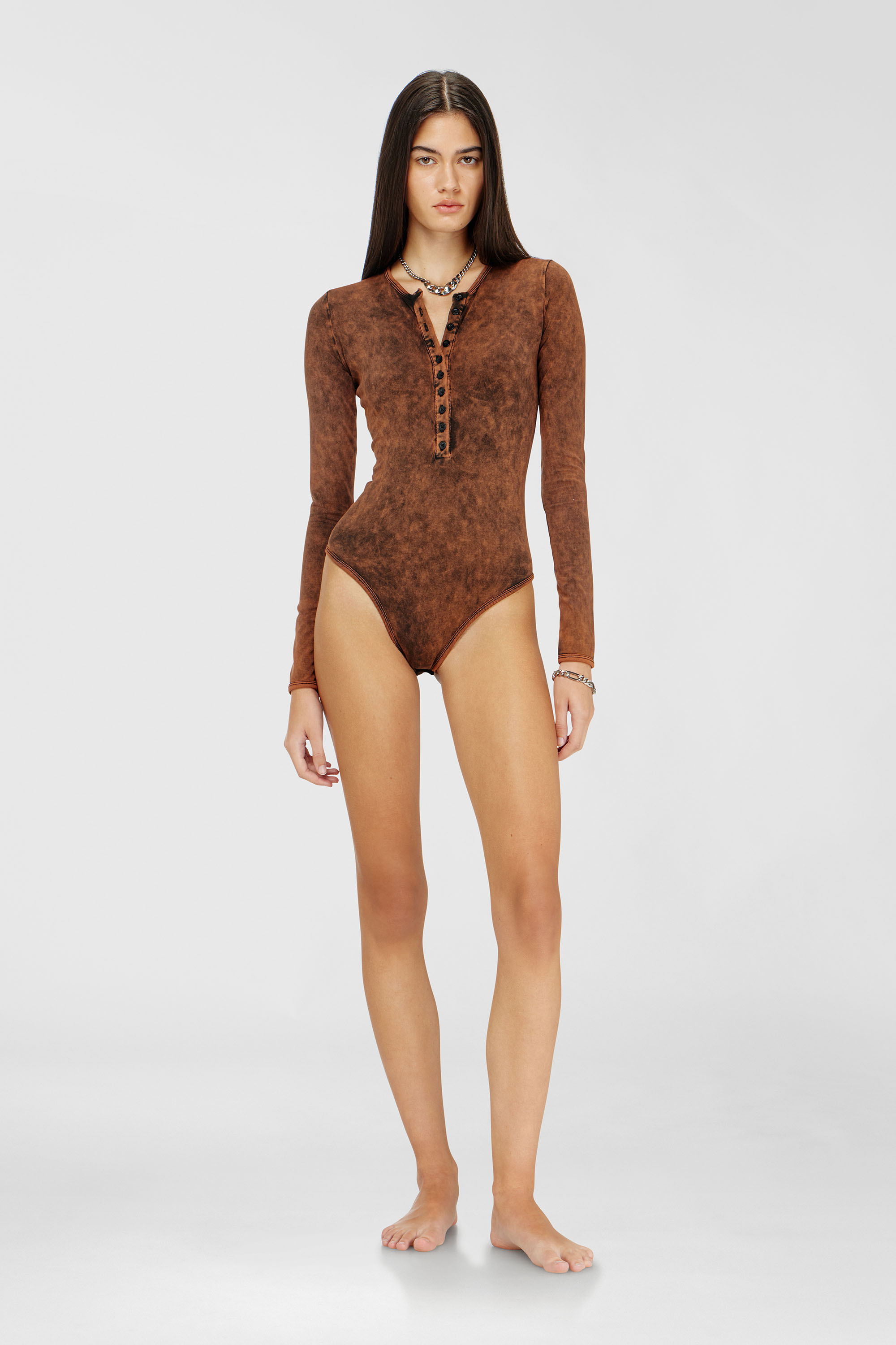 Diesel - FRESYA-DNM, Woman's Cotton bodysuit with buttoned front in Brown - 1