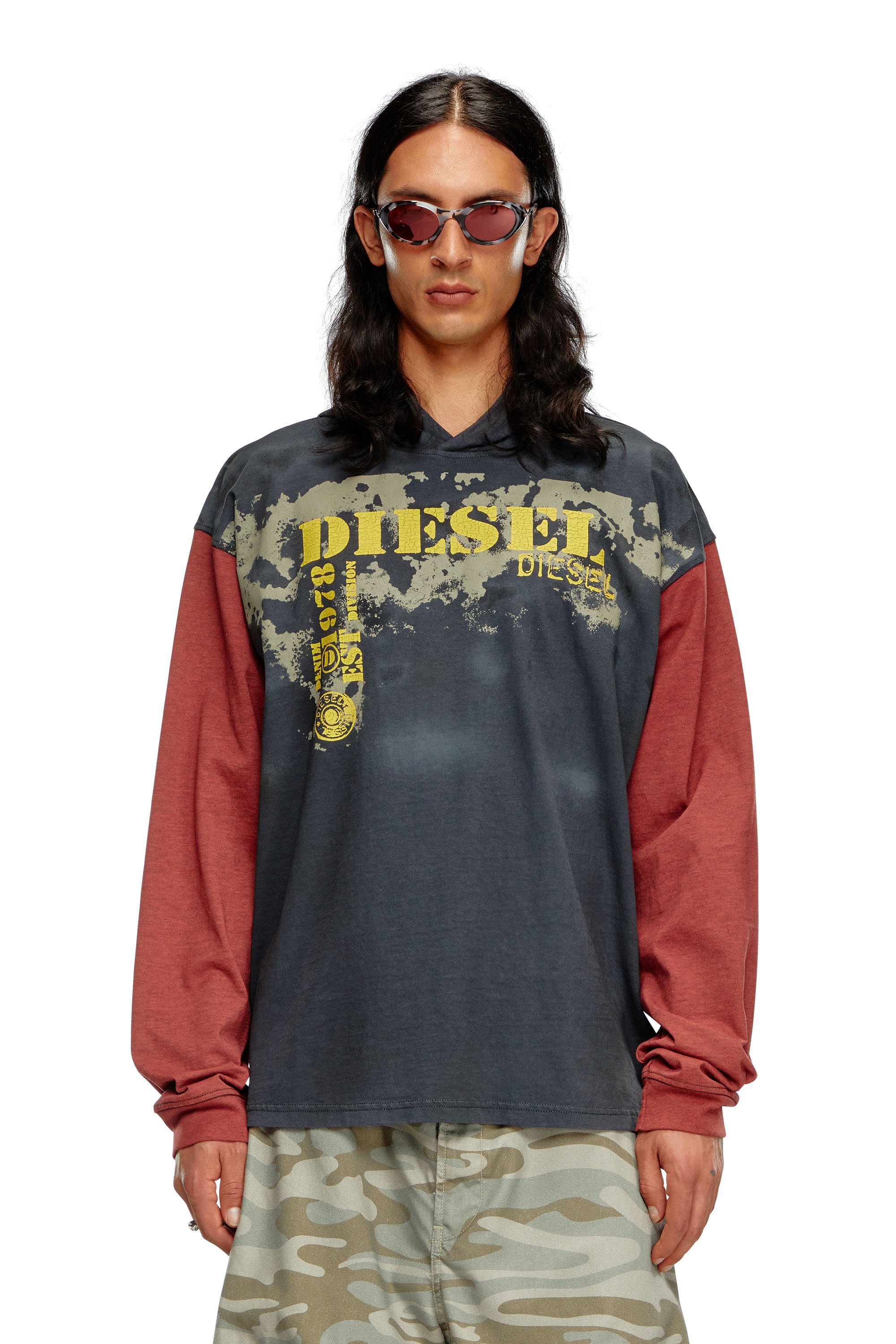 Diesel - T-BOXT-LS-HOOD, Man's Dirty-effect hooded long-sleeve T-shirt in Dark grey - 1