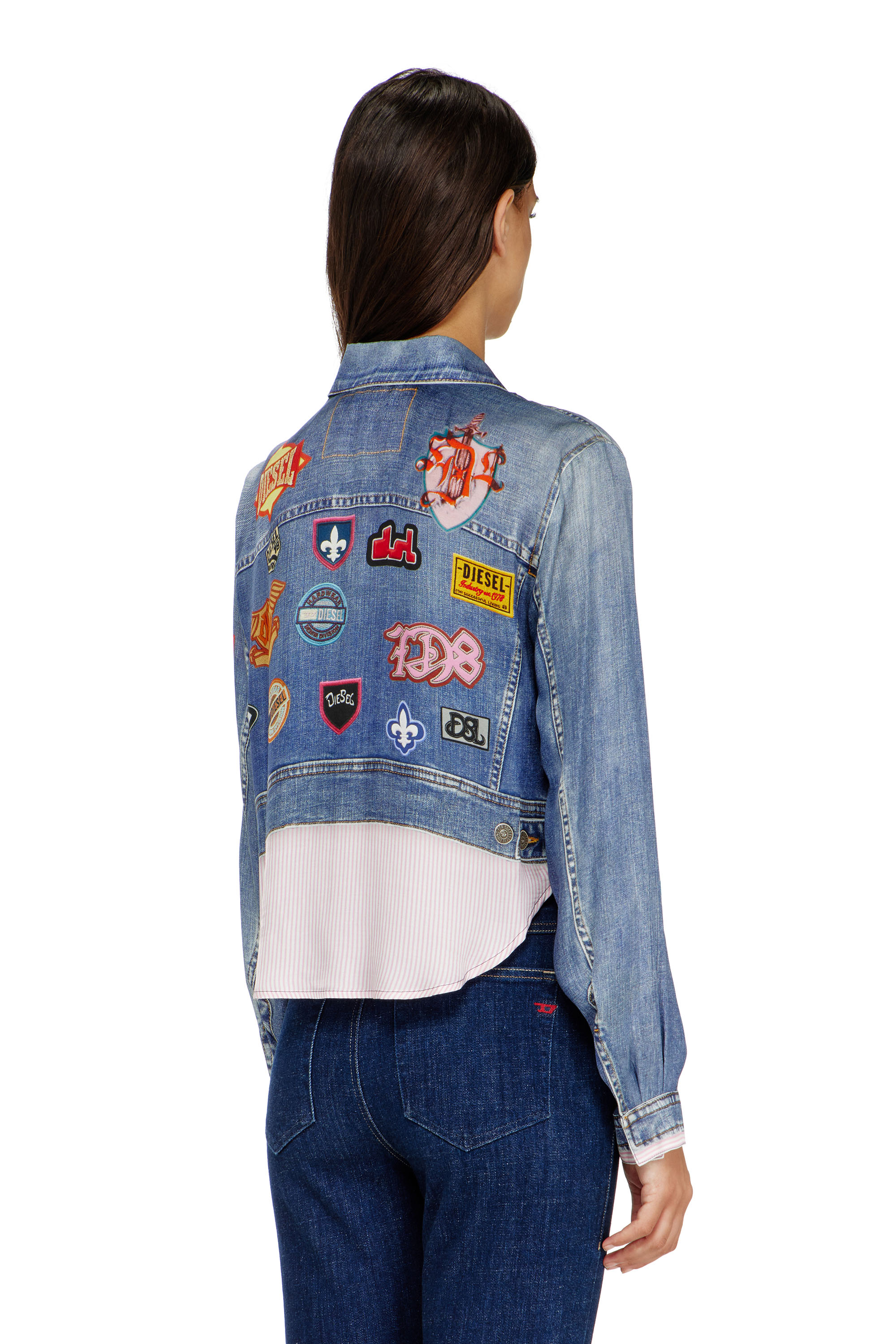 Diesel - C-LONE, Woman's Cropped satin shirt with trompe-l&rsquo;oeil denim print in null - 4