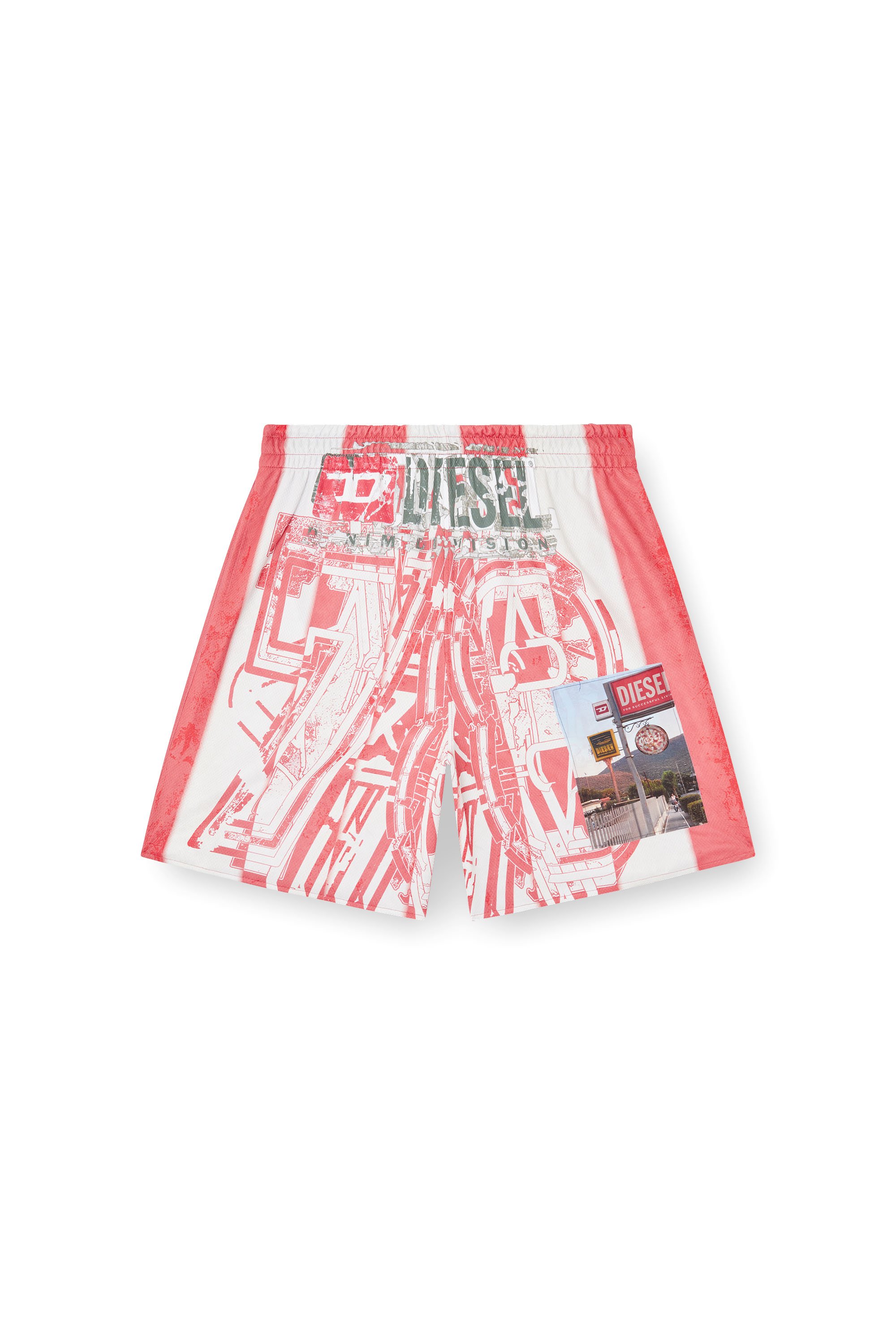 Diesel - P-KURT, Man's Striped shorts with photo patches in Red/White - 3