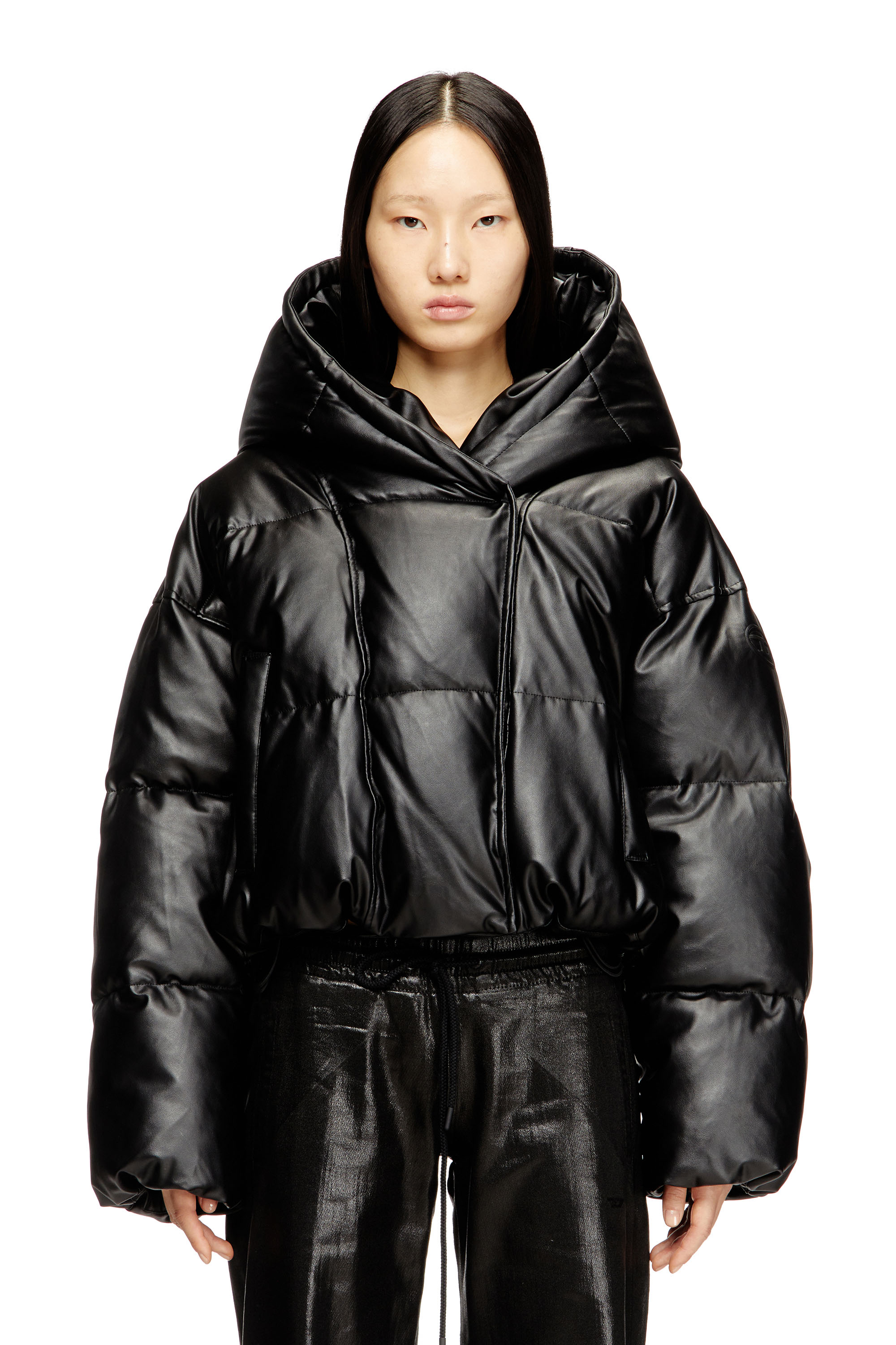 Diesel - W-ILLEY, Woman's Hooded puffer jacket in coated fabric in Black - 1