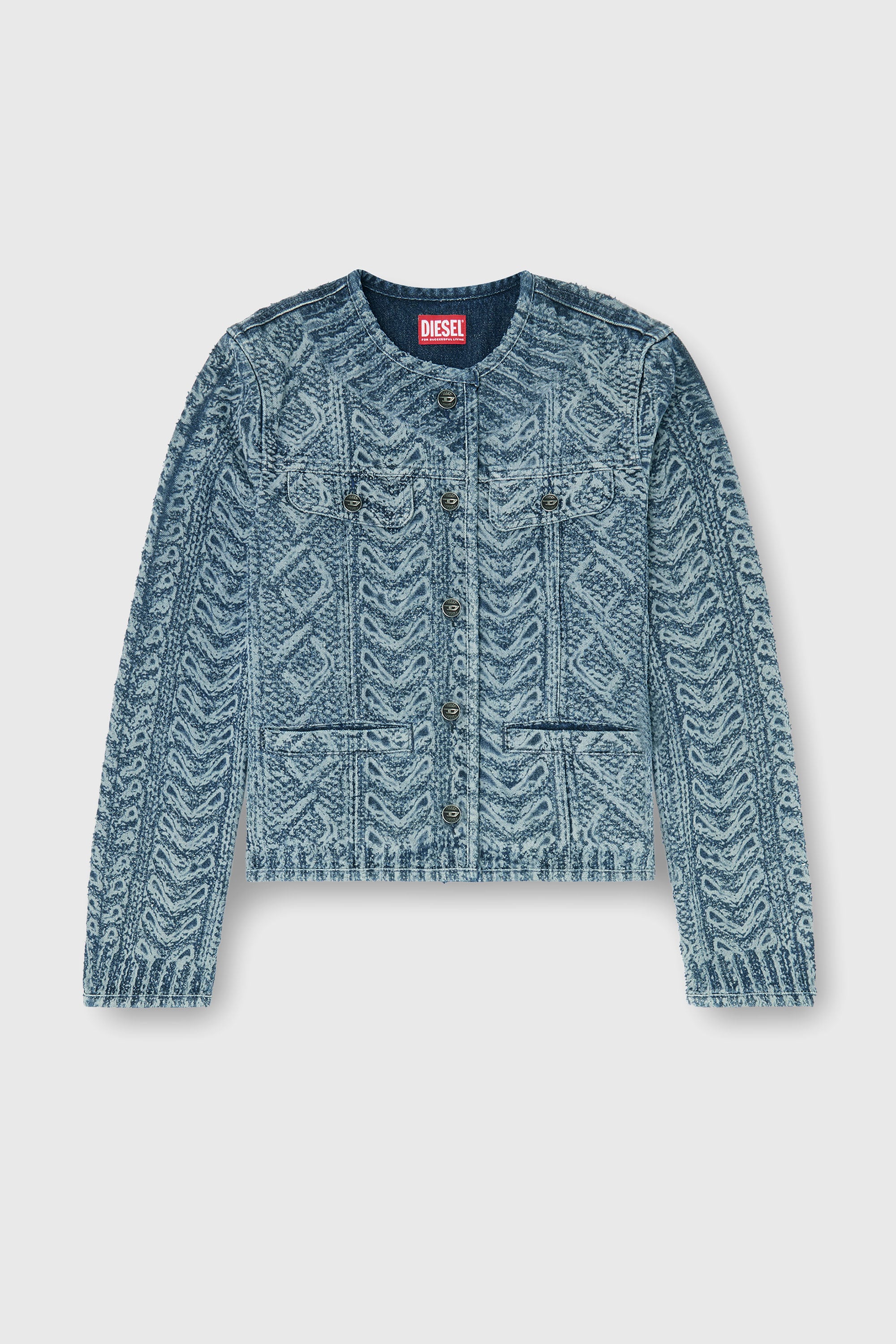 Diesel - DE-GRAFY-S2, Woman's Collarless jacket in cable-knit-effect denim in Medium blue - 1
