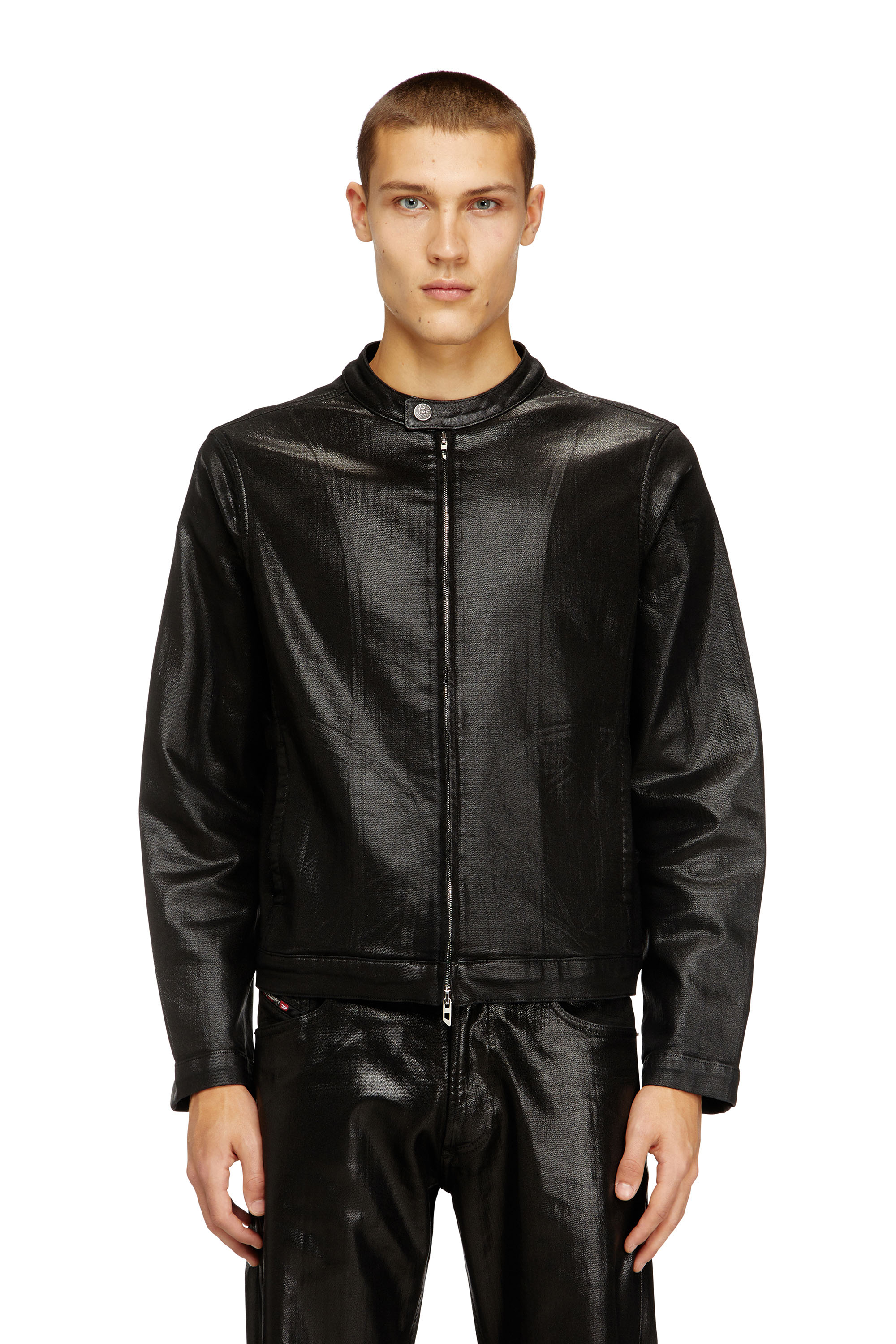 Diesel - D-GLORY JOGG, Man's Moto jacket in shiny coated JoggJeans in Black - 1