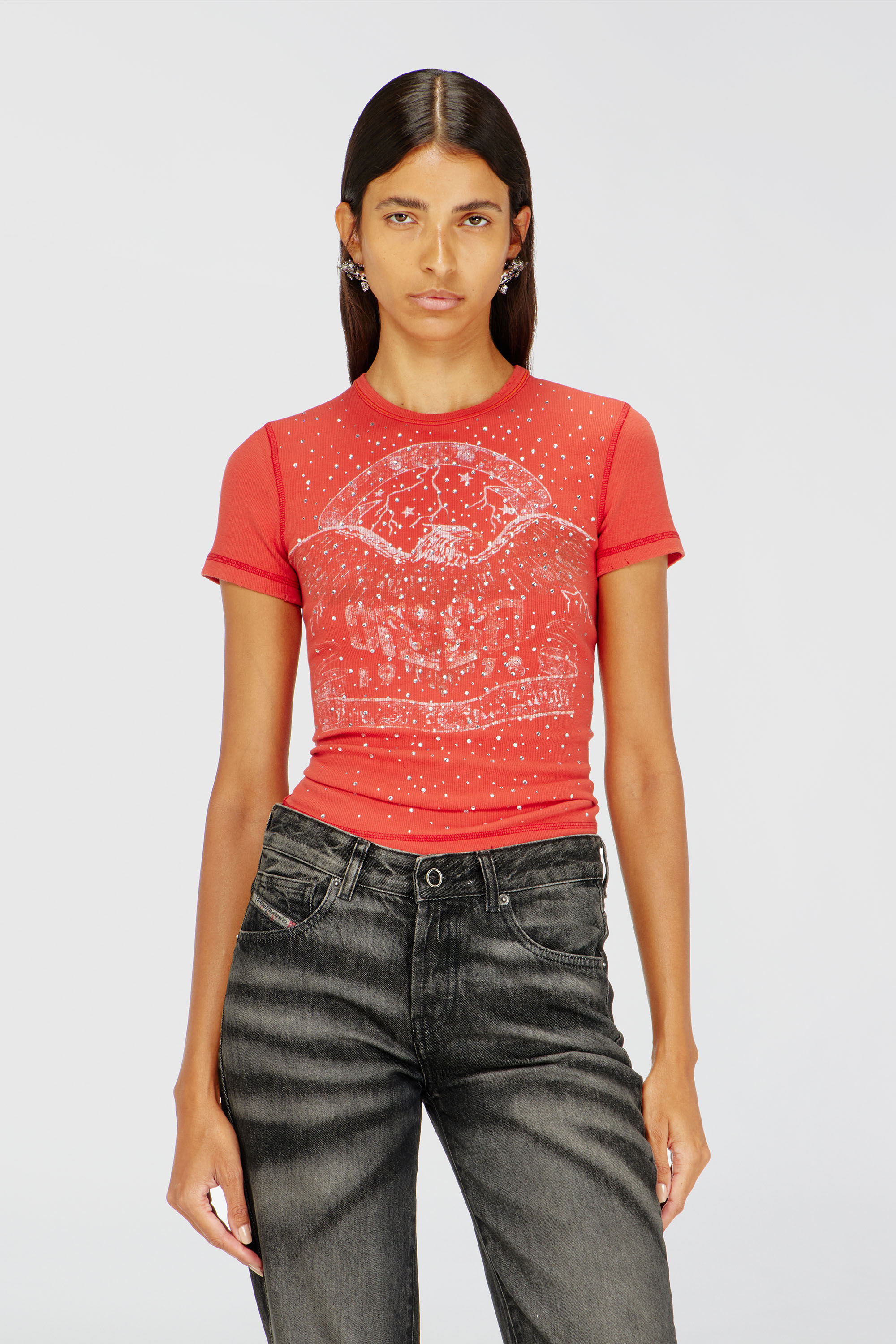 Diesel - T-MARSY-RIB-CRY, Woman's T-shirt with concert graphics and crystals in Red - 2