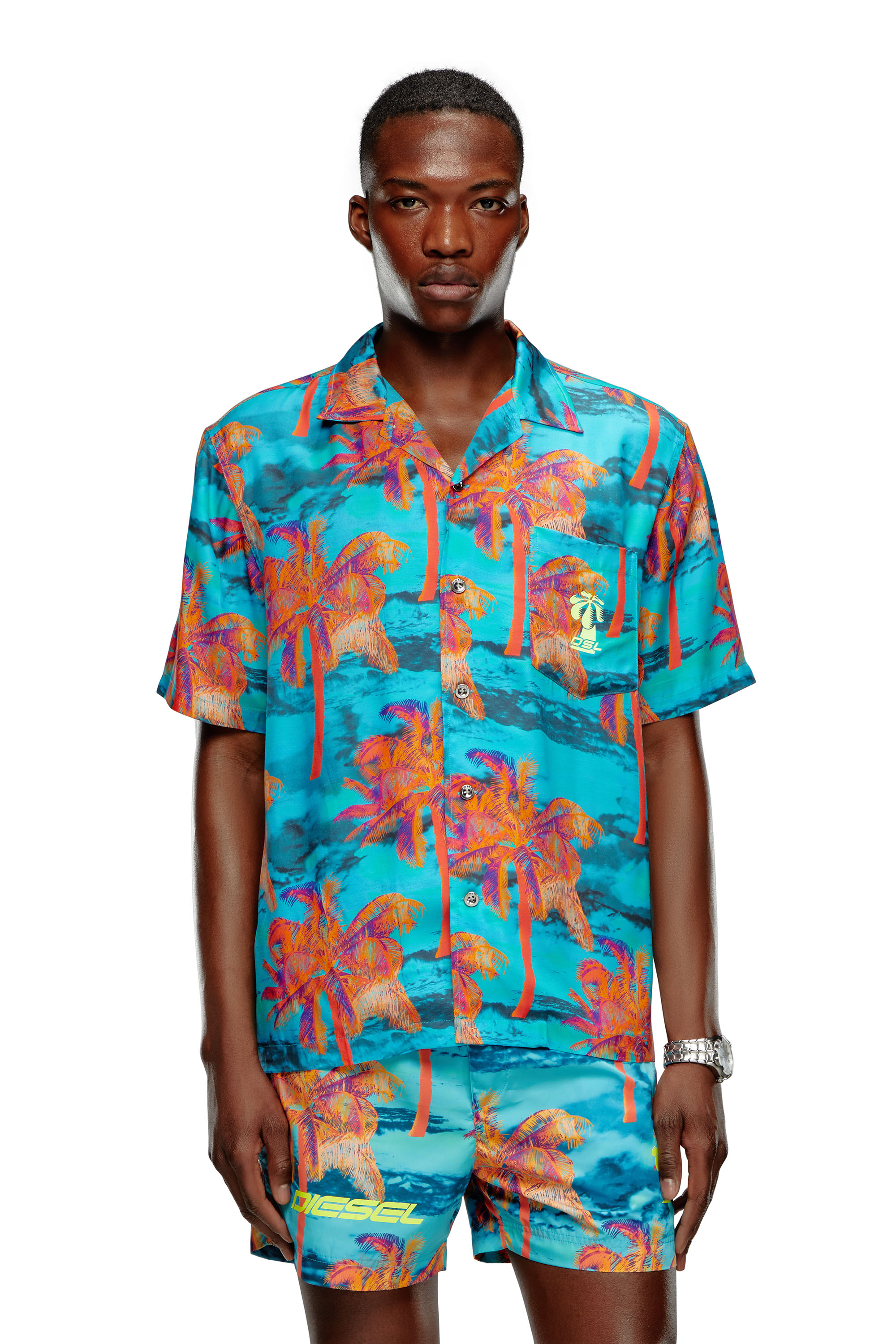 Diesel - BMOWT-ADRIAN, Man's Beach shirt with palm trees print in Blue - 1
