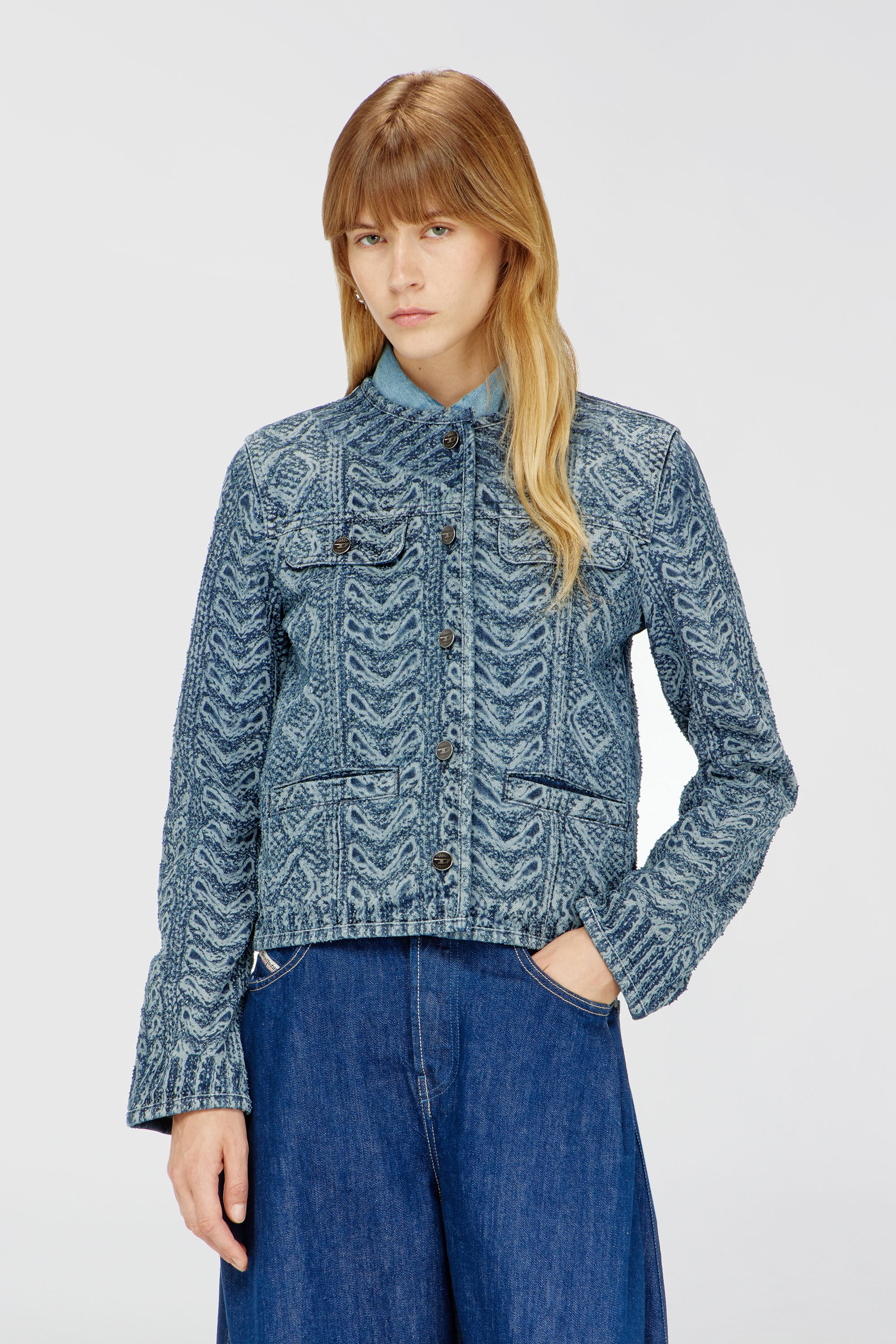 Diesel - DE-GRAFY-S2, Woman's Collarless jacket in cable-knit-effect denim in Medium blue - 2
