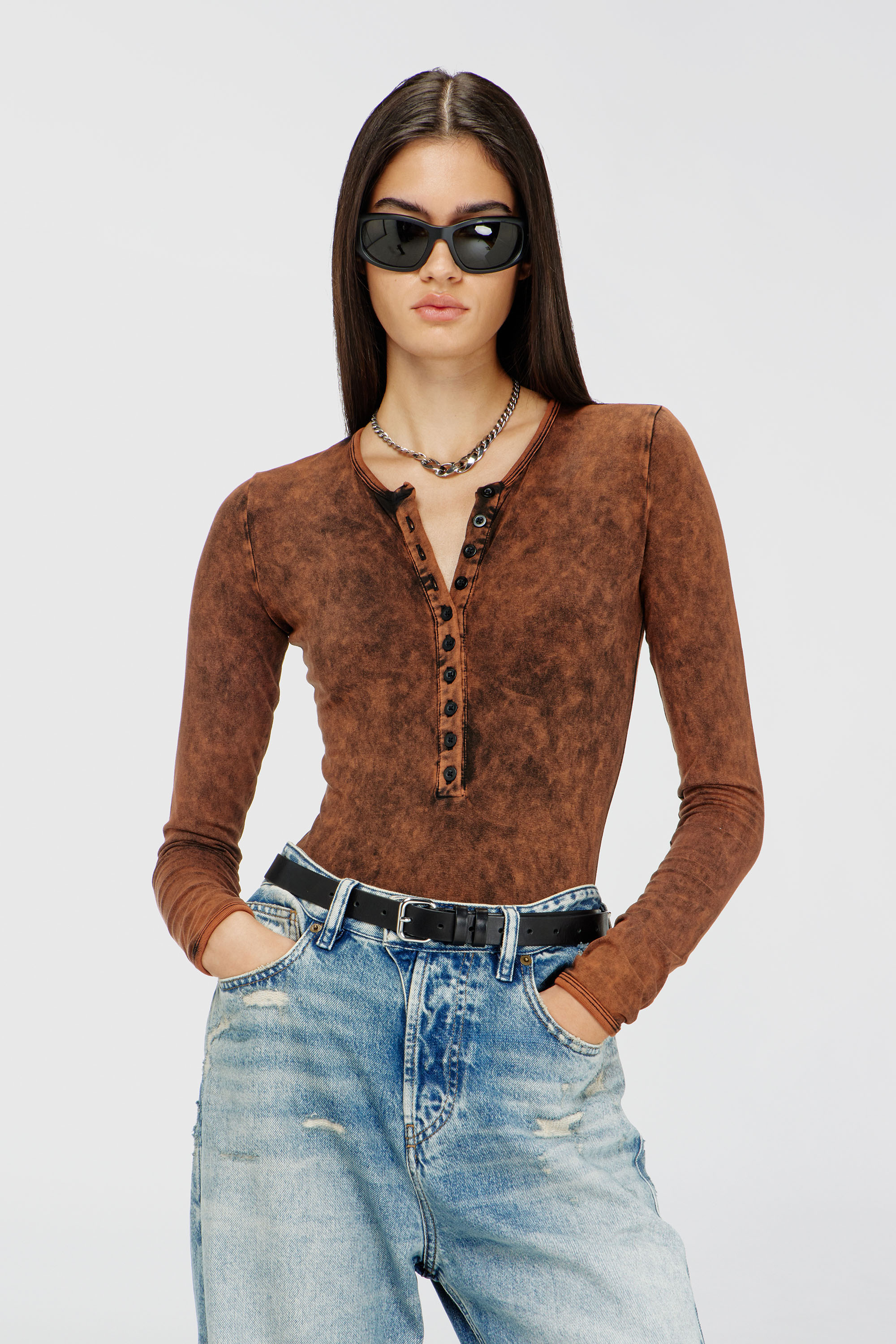 Diesel - FRESYA-DNM, Woman's Cotton bodysuit with buttoned front in Brown - 4