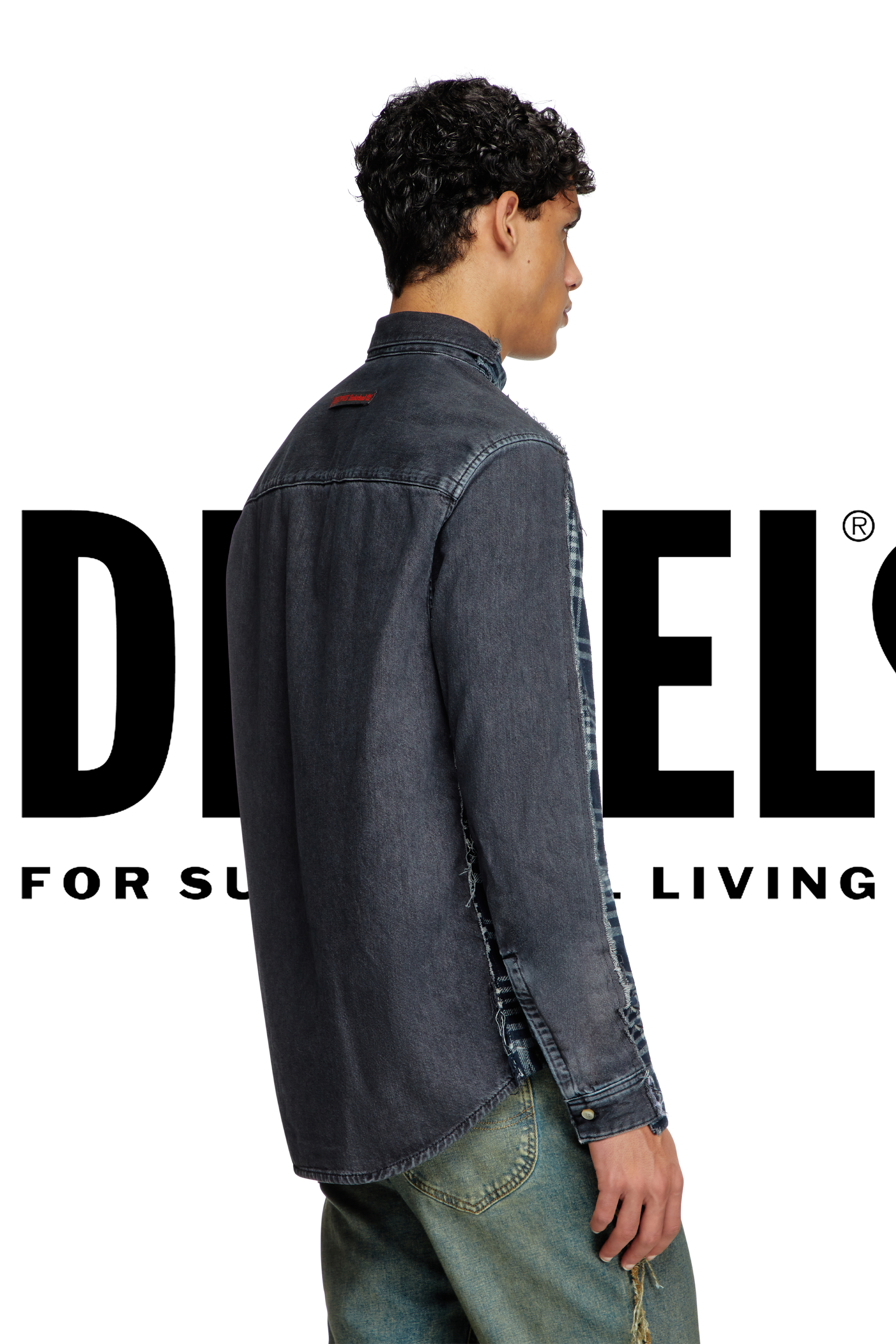 Diesel - Shirt Dieseloves 6B, Unisex's Overdyed check and denim shirt in Blue/Black - 5