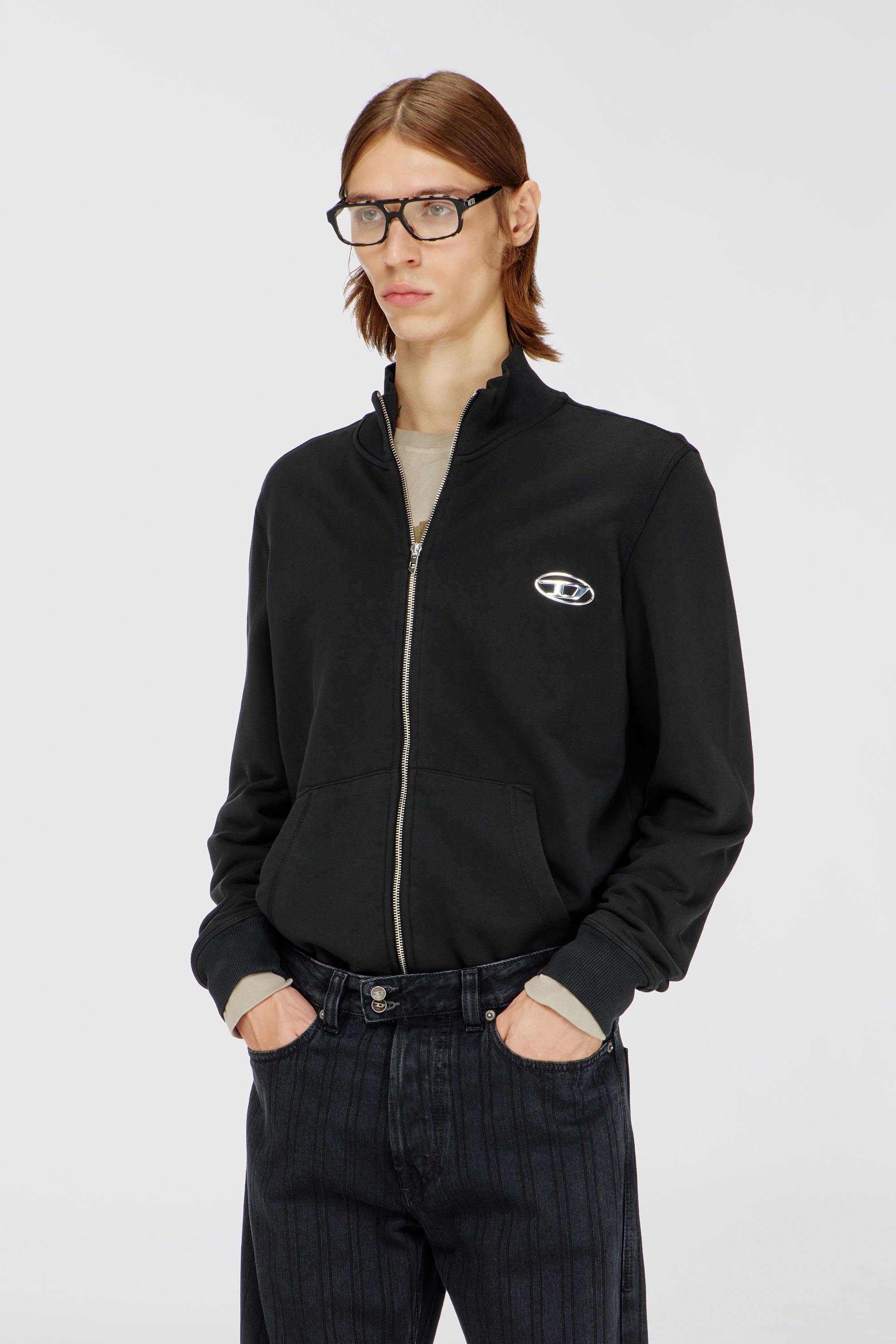 Diesel - S-GINN-ZIP-IOD, Man's Wweatshirt with mock neck and metallic Oval D in Black - 1