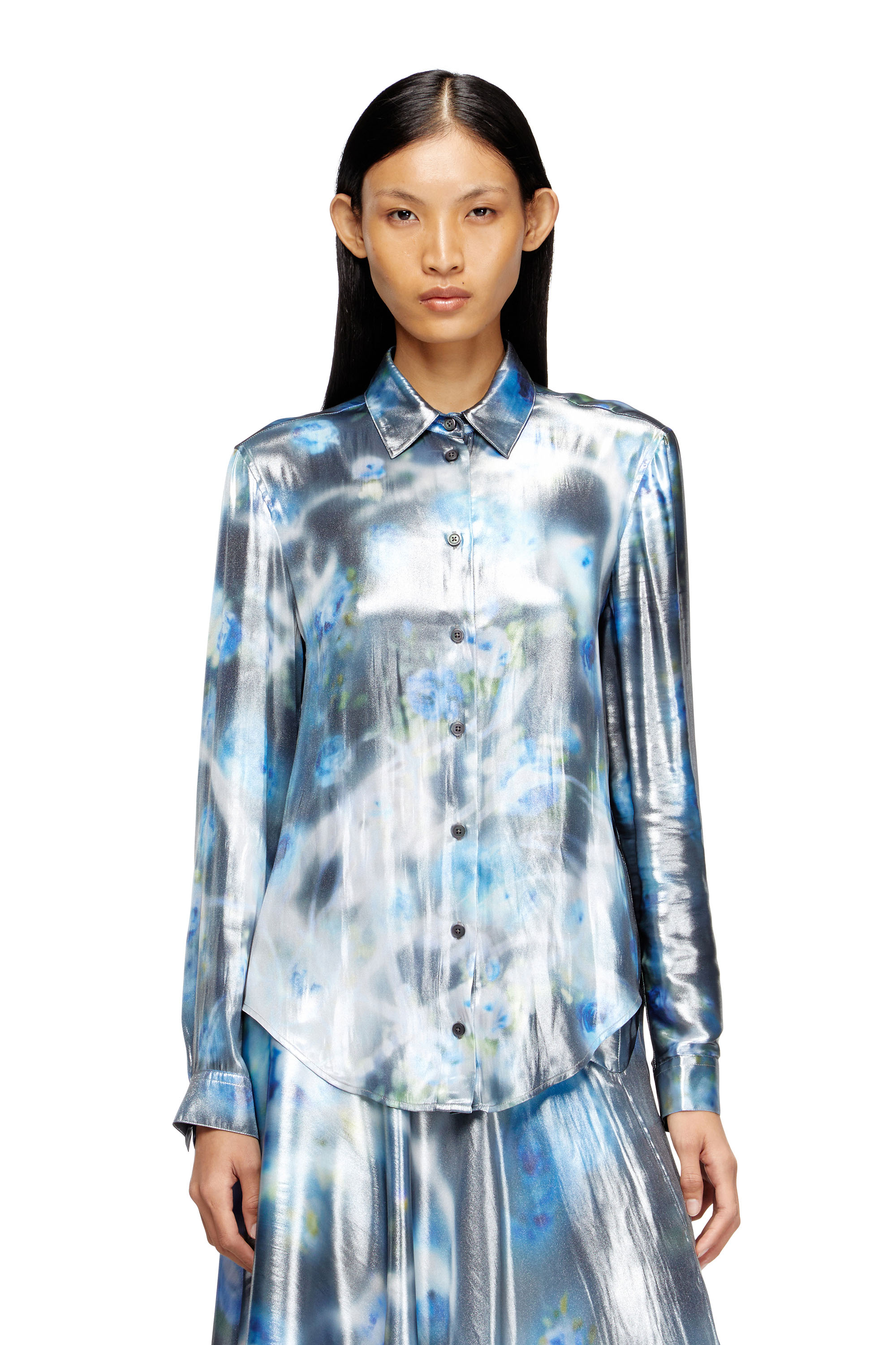 Diesel - C-RONOR-S2, Woman's Metallic shirt with blurred roses print in Blue - 1