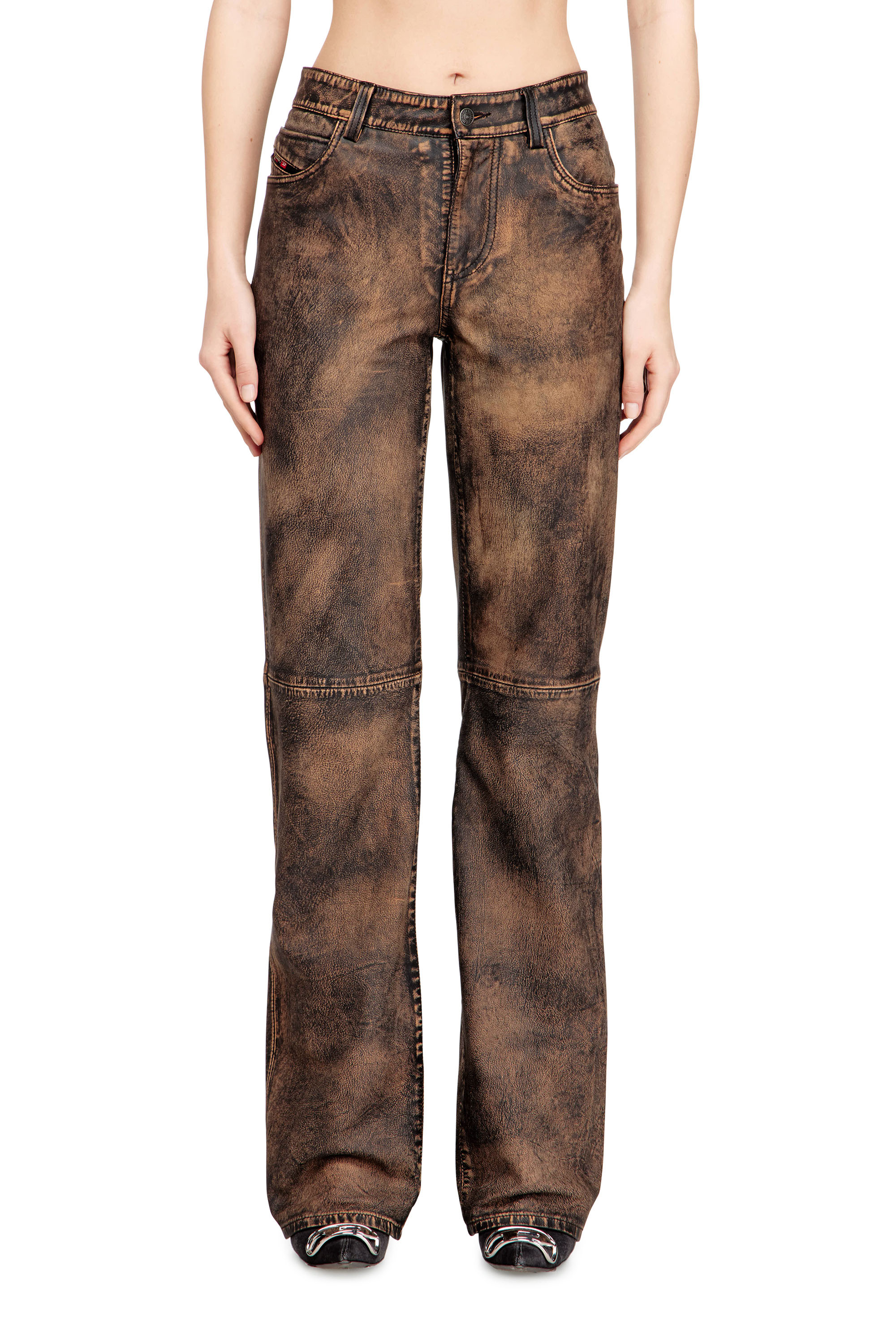 Diesel - L-YSA, Woman's Jean-cut distressed leather pants in Brown - 1