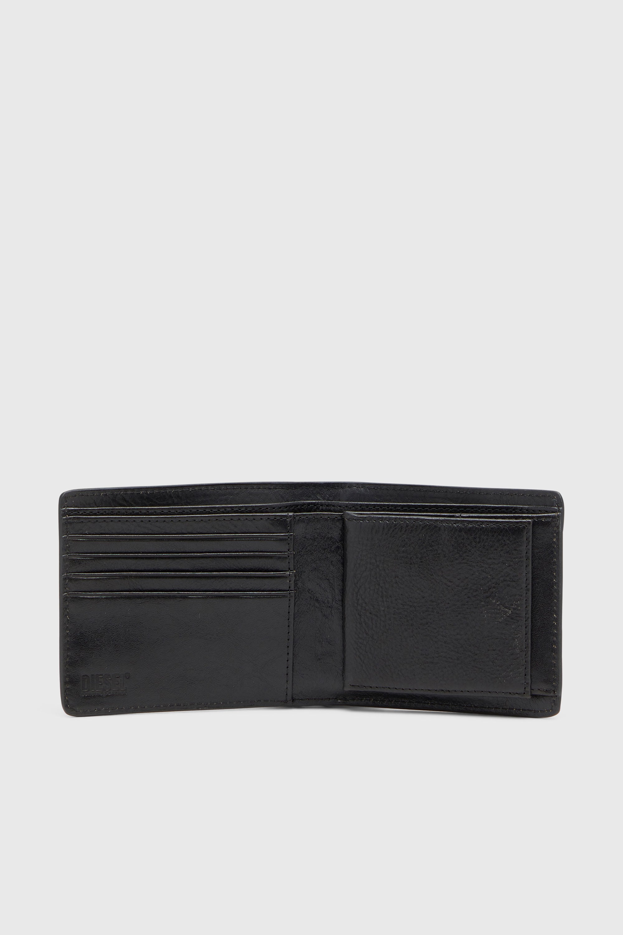 Diesel - FLAG-D BI-FOLD COIN S 3D, Man's Bi-fold leather wallet with embossed logo in Black - 3