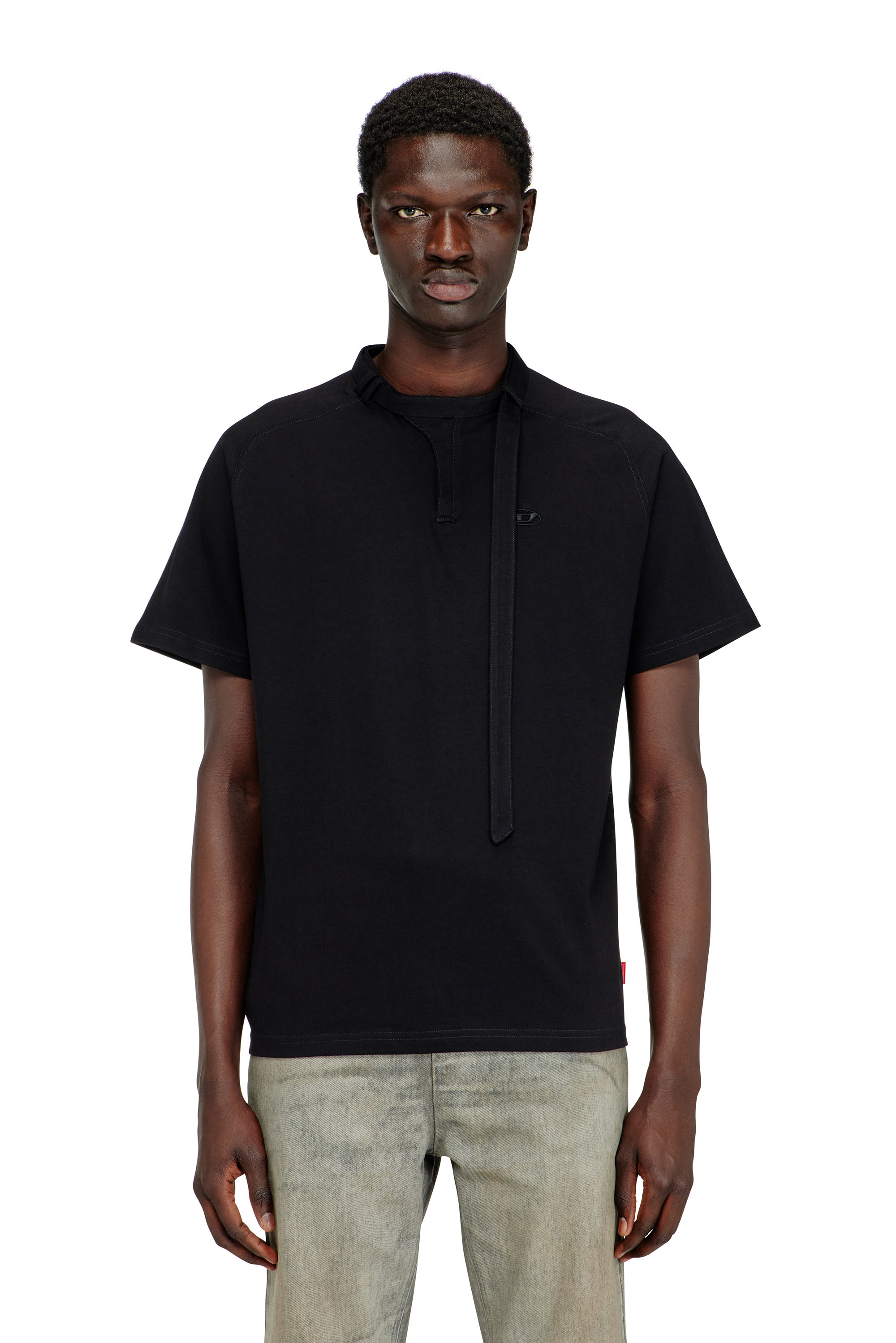 Diesel - T-KAUKO, Man's T-shirt with biker neck strap in Black - 1
