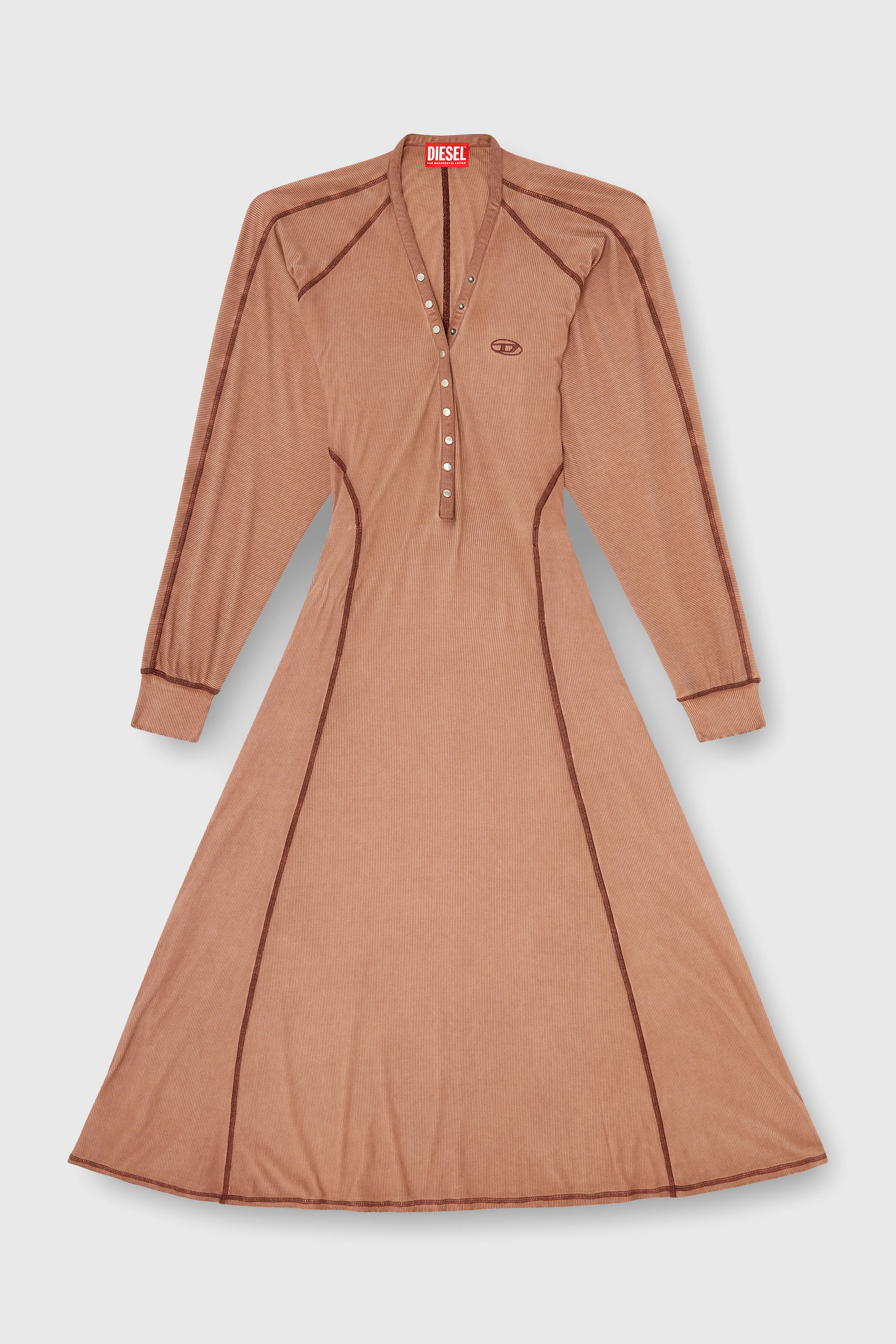 Diesel - D-ISERINA, Woman's Midi dress in ribbed jersey with batwing sleeves in Light Brown - 2