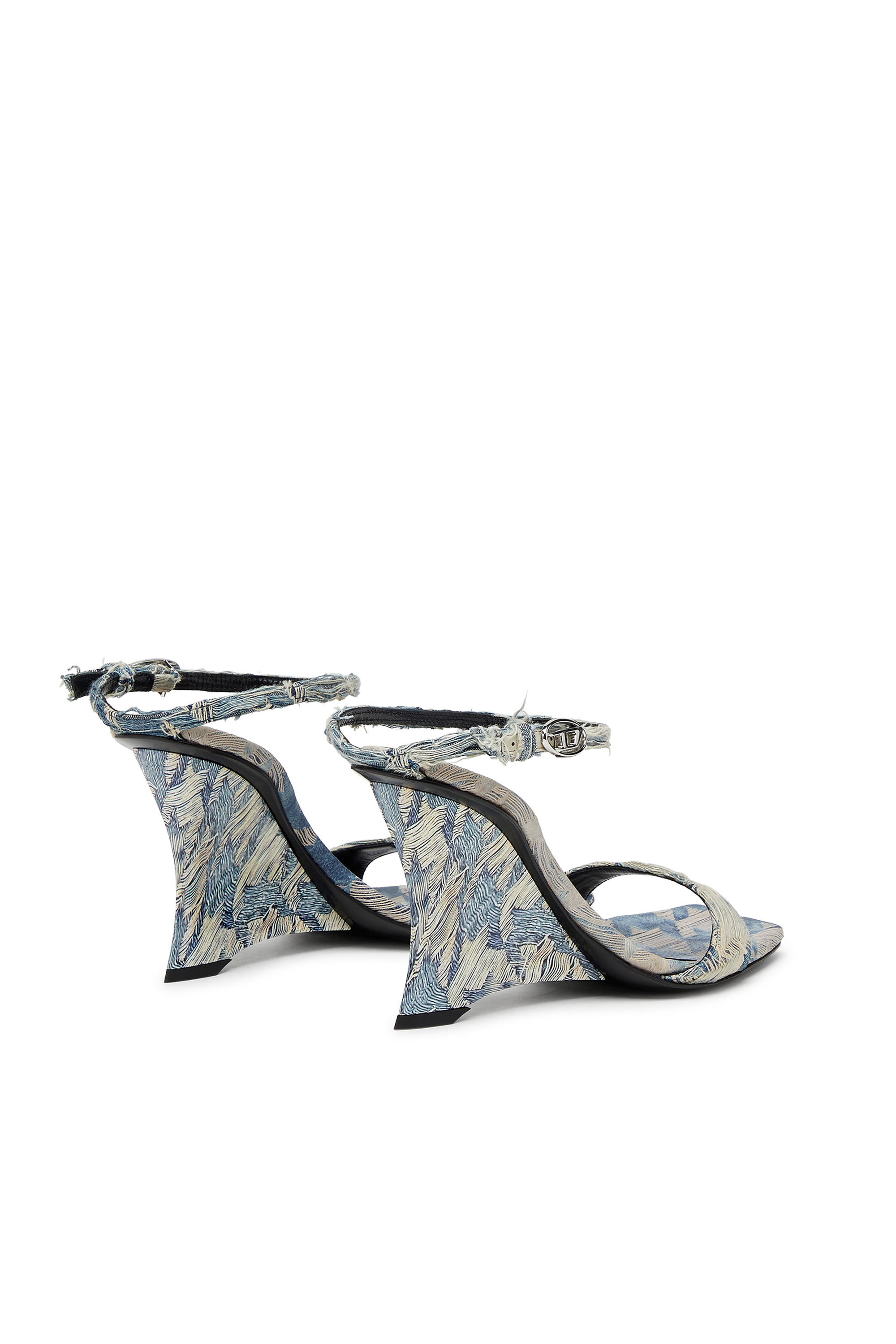 Diesel - D-AMBER SANDAL WEDGE, Woman's D-Amber-Wedge sandals in jacquard denim in Light Blue - 3