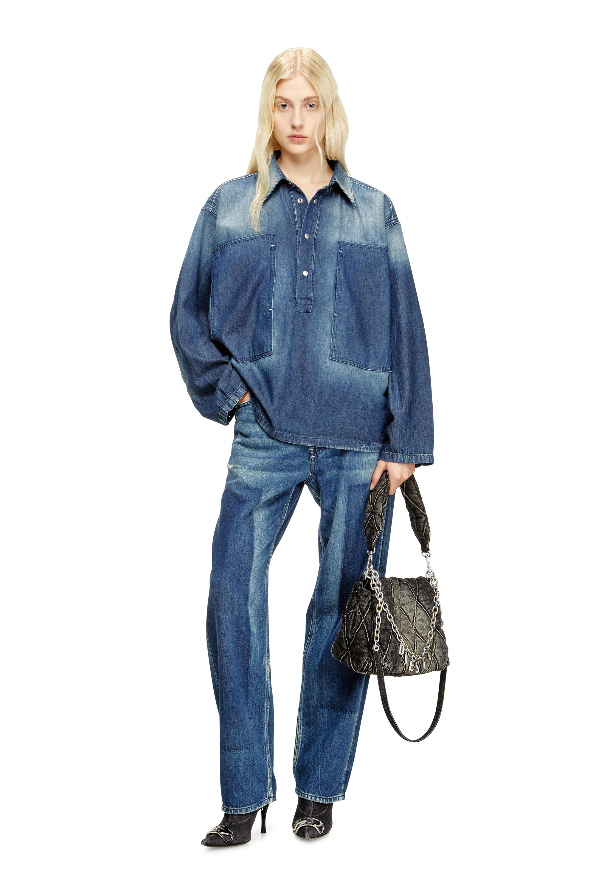 Diesel - DE-PRISS, Woman's Henley top in contrast-effect denim in Medium blue - 1