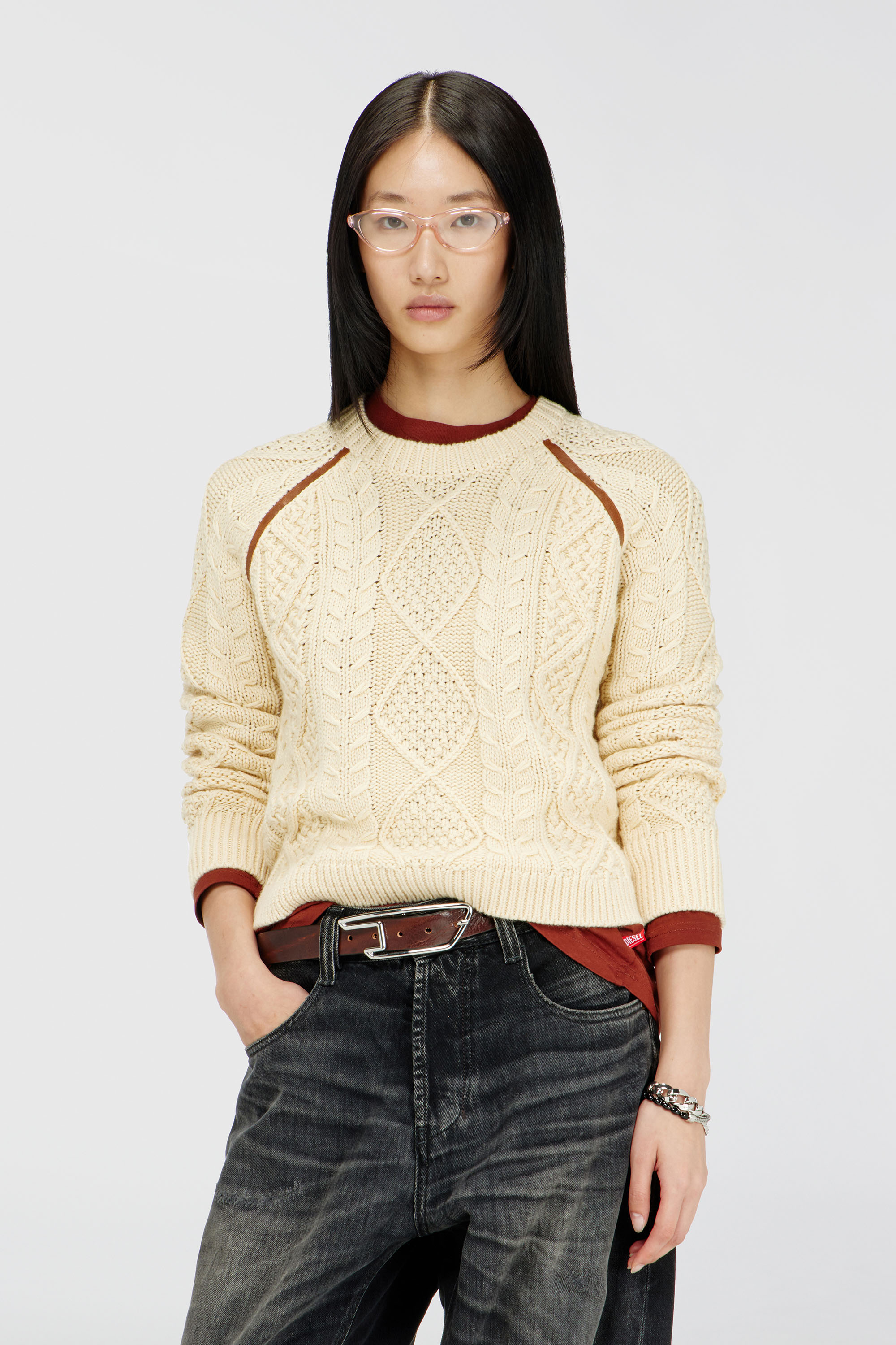 Diesel - M-INTANA, Woman's Cable-knit jumper with contrast bands in Beige - 1