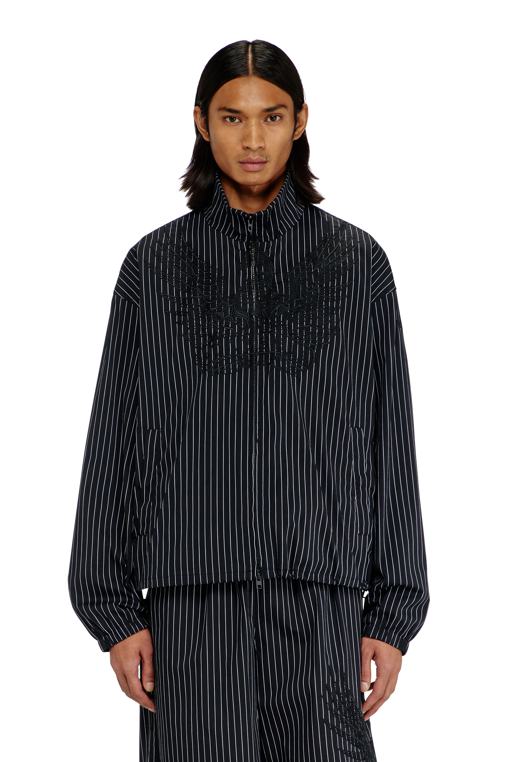 Diesel - J-CORSAR-NJCA, Man's Nylon pinstripe Jacket with Phoenix embroidery in Black - 3