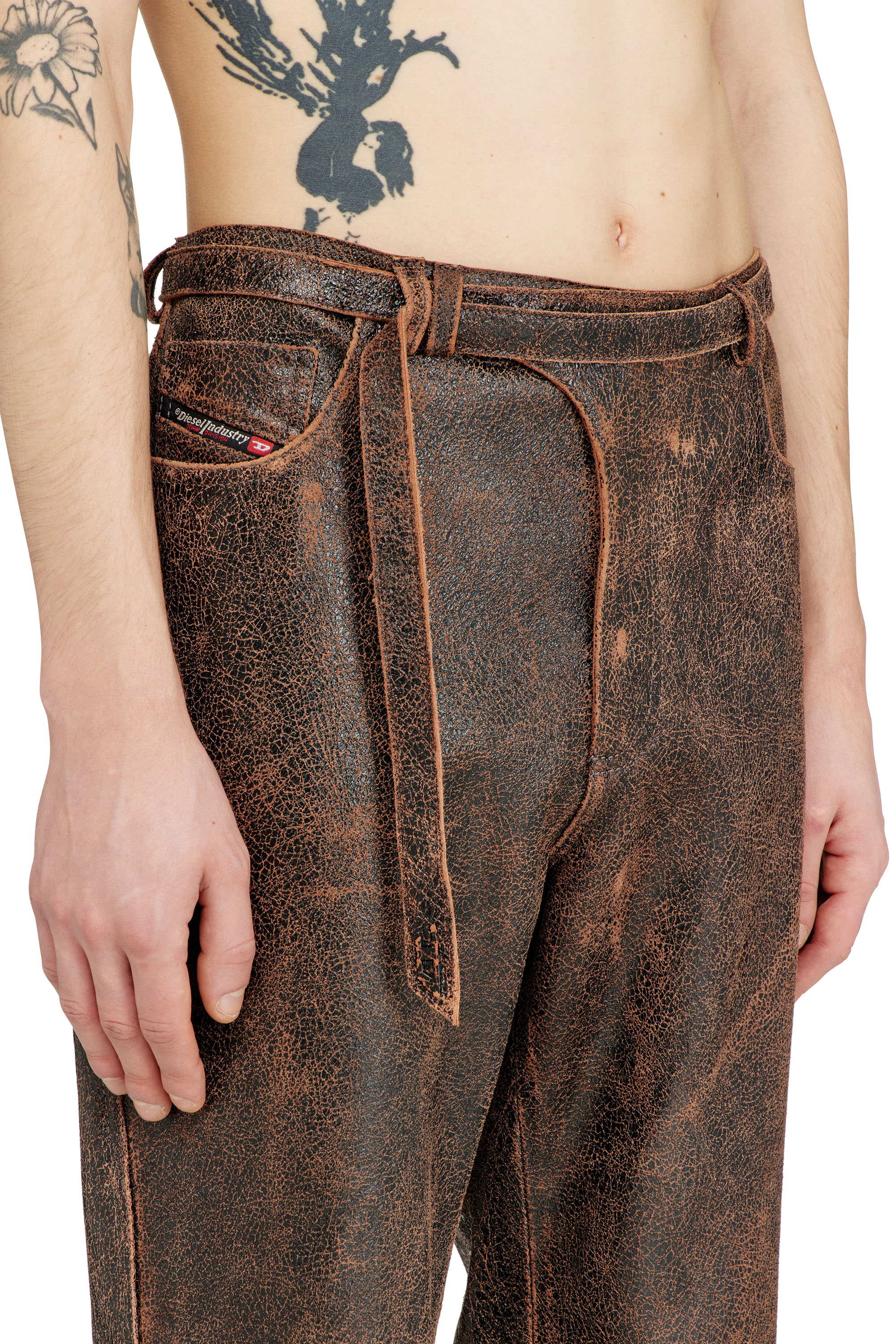 Diesel - P-NURI, Man's Cracked-leather pants with biker strap detail in Brown - 4