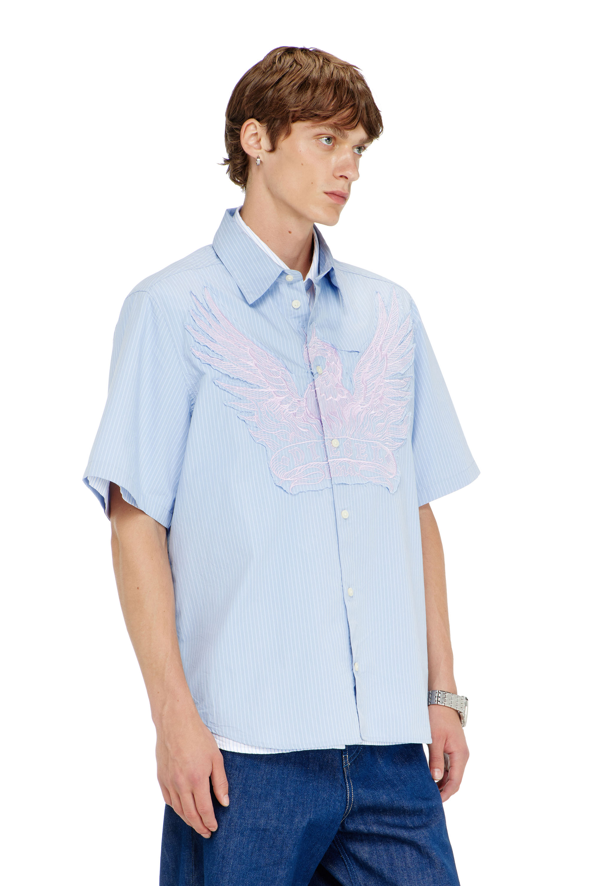 Diesel - S-SIMPLY-SS-AGCZ, Man's Striped poplin shirt with embroidered patch in Light Blue - 3