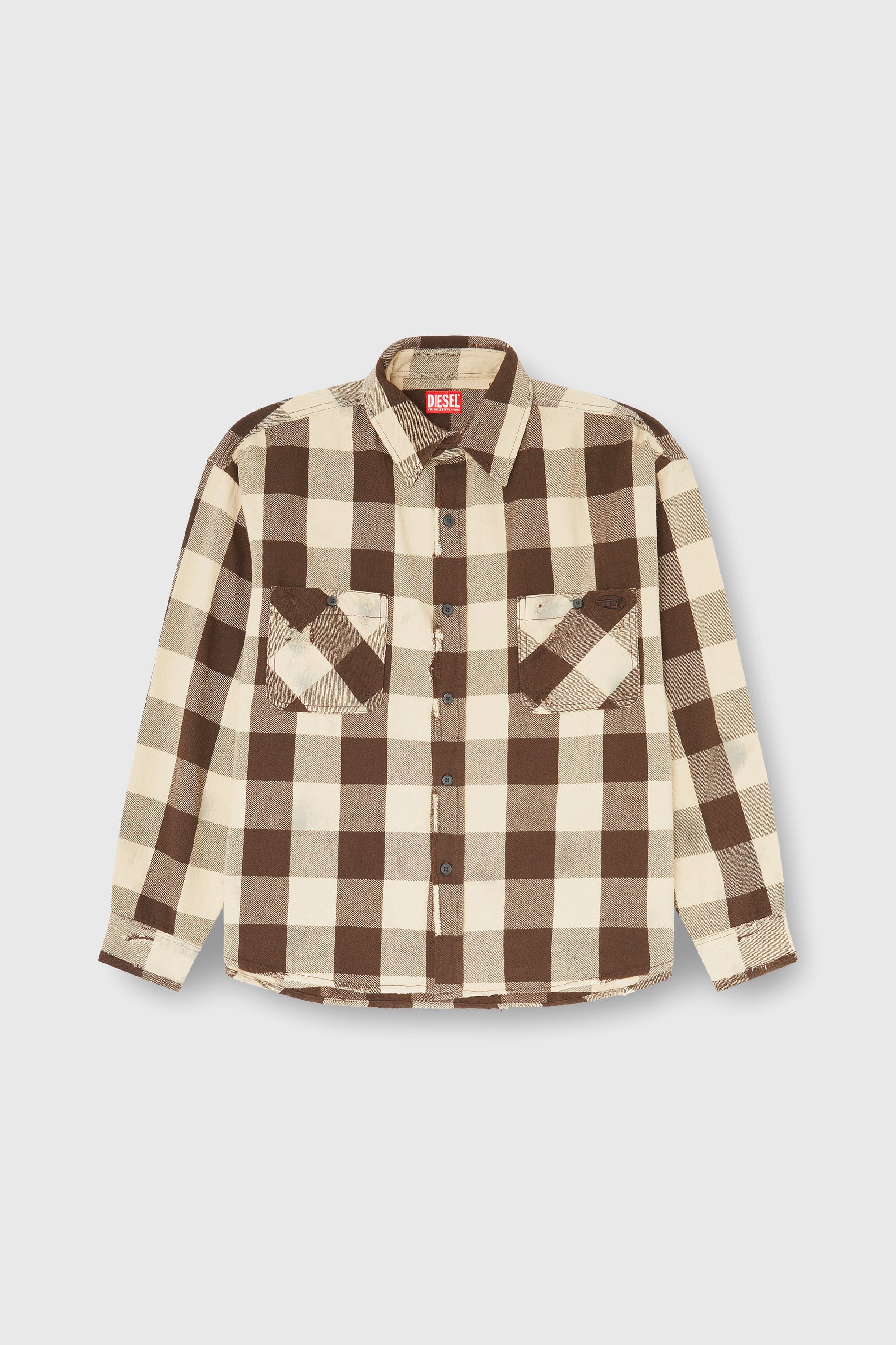 Diesel - S-DRUM, Man's Check flannel shirt with distressed effect in Beige/Brown - 2