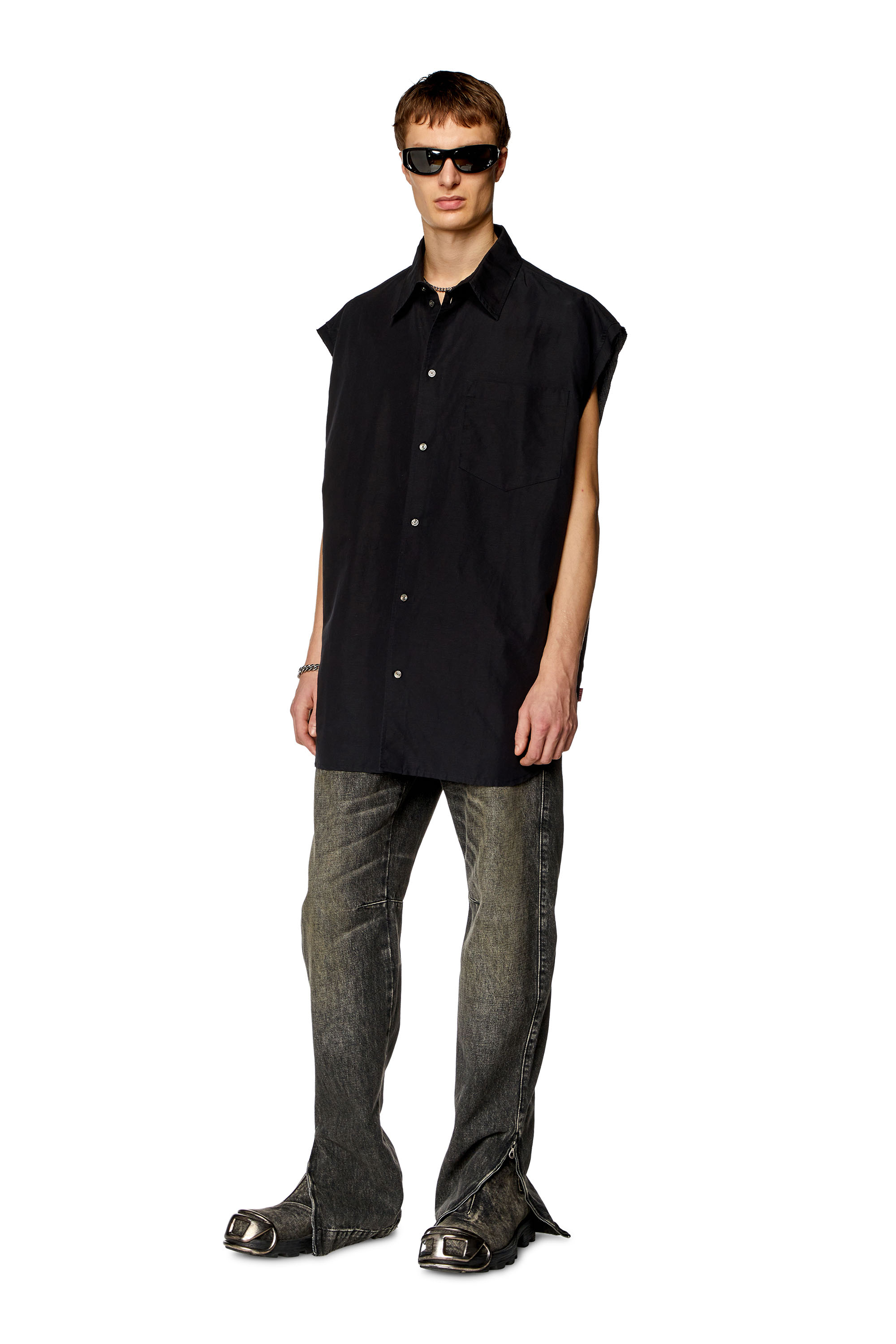 Diesel - S-SIMENS, Man Sleeveless shirt in linen blend in Black - Image 2