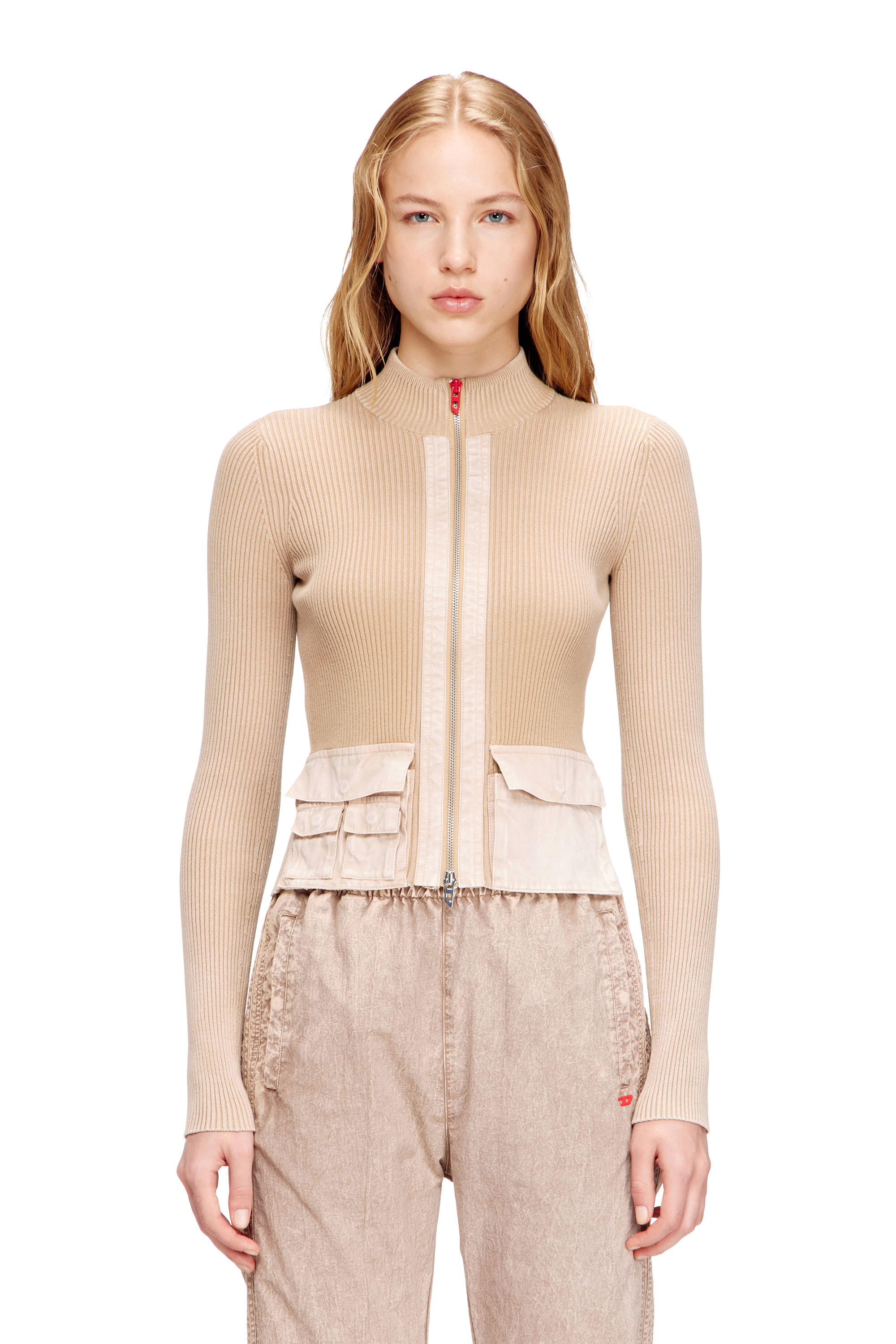 Diesel - M-MELISSA, Woman's Zip-up cardigan with denim cargo pockets in Beige - 1