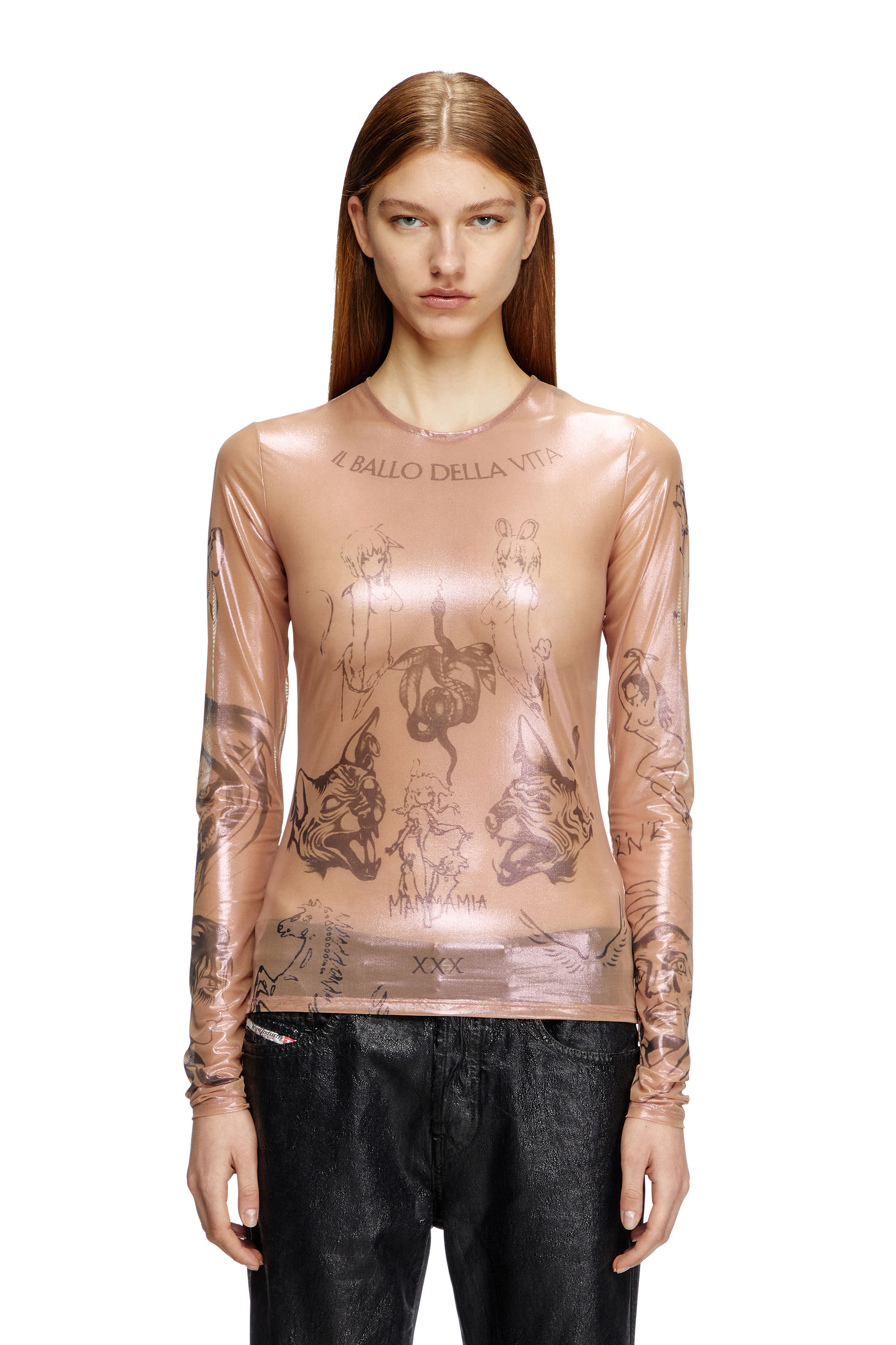 Diesel - T-CLAUDE-DD, Unisex's Tattoo top in coated stretch tulle in Pink - 1