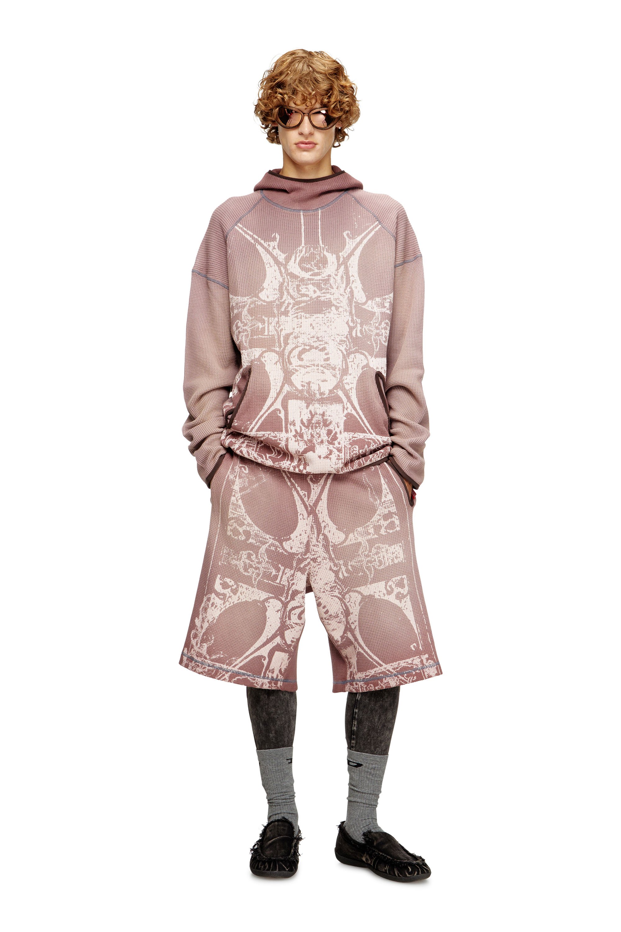 Diesel - P-WARKY-SHORT, Man's Waffle shorts with medieval print in Violet - 2