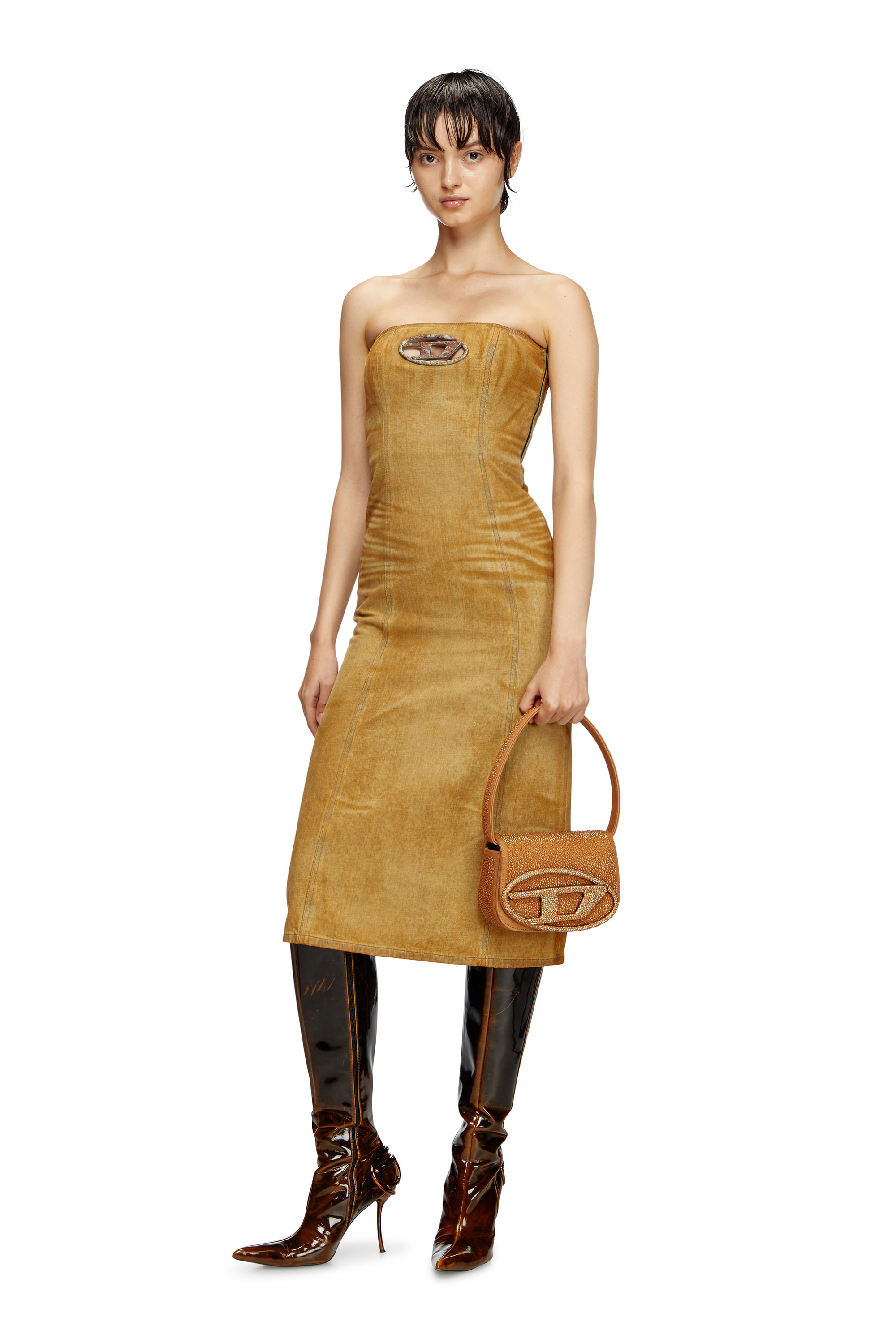 Diesel - DE-VILDRESS-FSF, Woman's Denim midi dress with rust-effect logo in Light Brown - 2