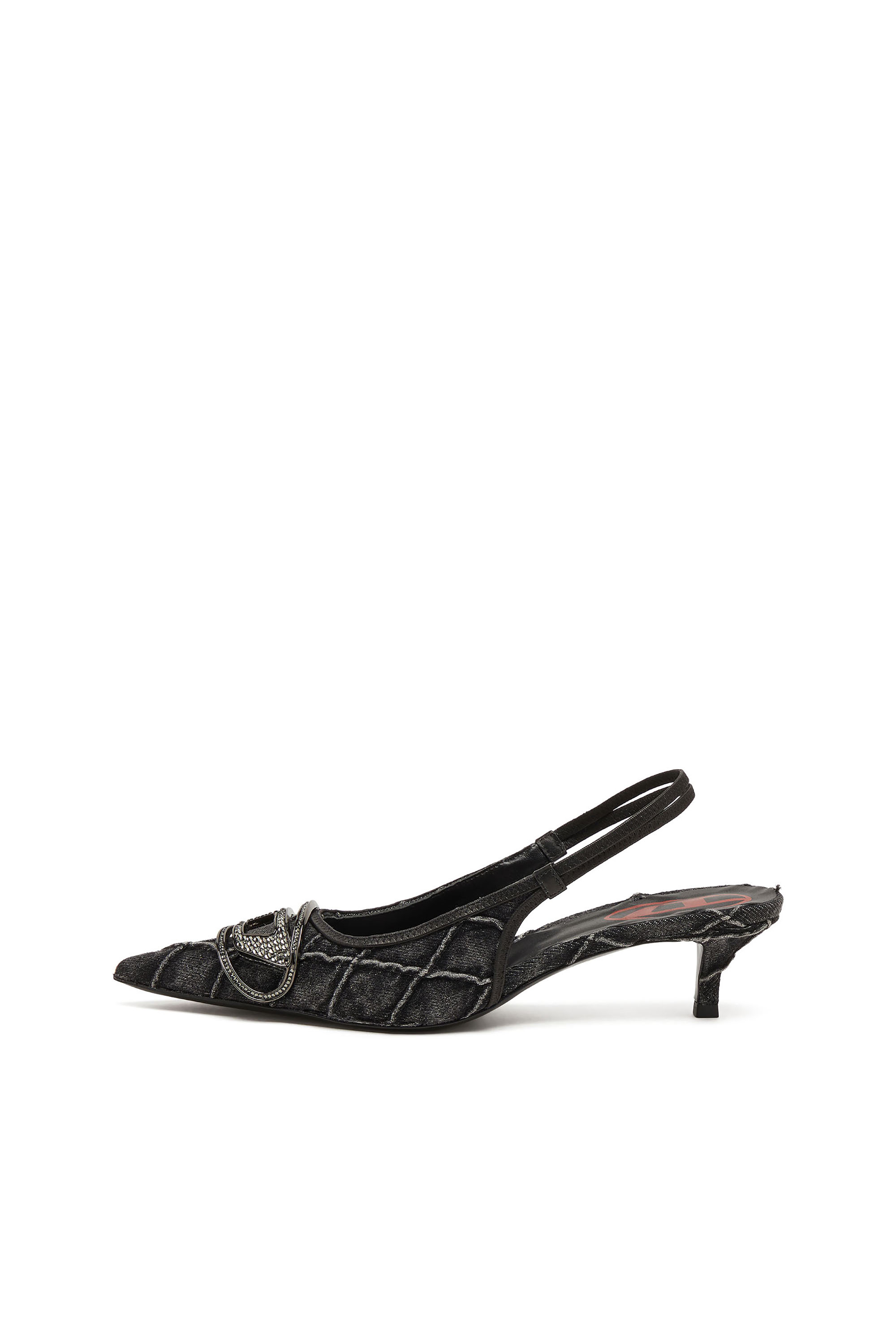 Diesel - D-VENUS SB 40, Woman's D-Venus-Crystal-logo quilted-denim slingback pumps in Black - 8