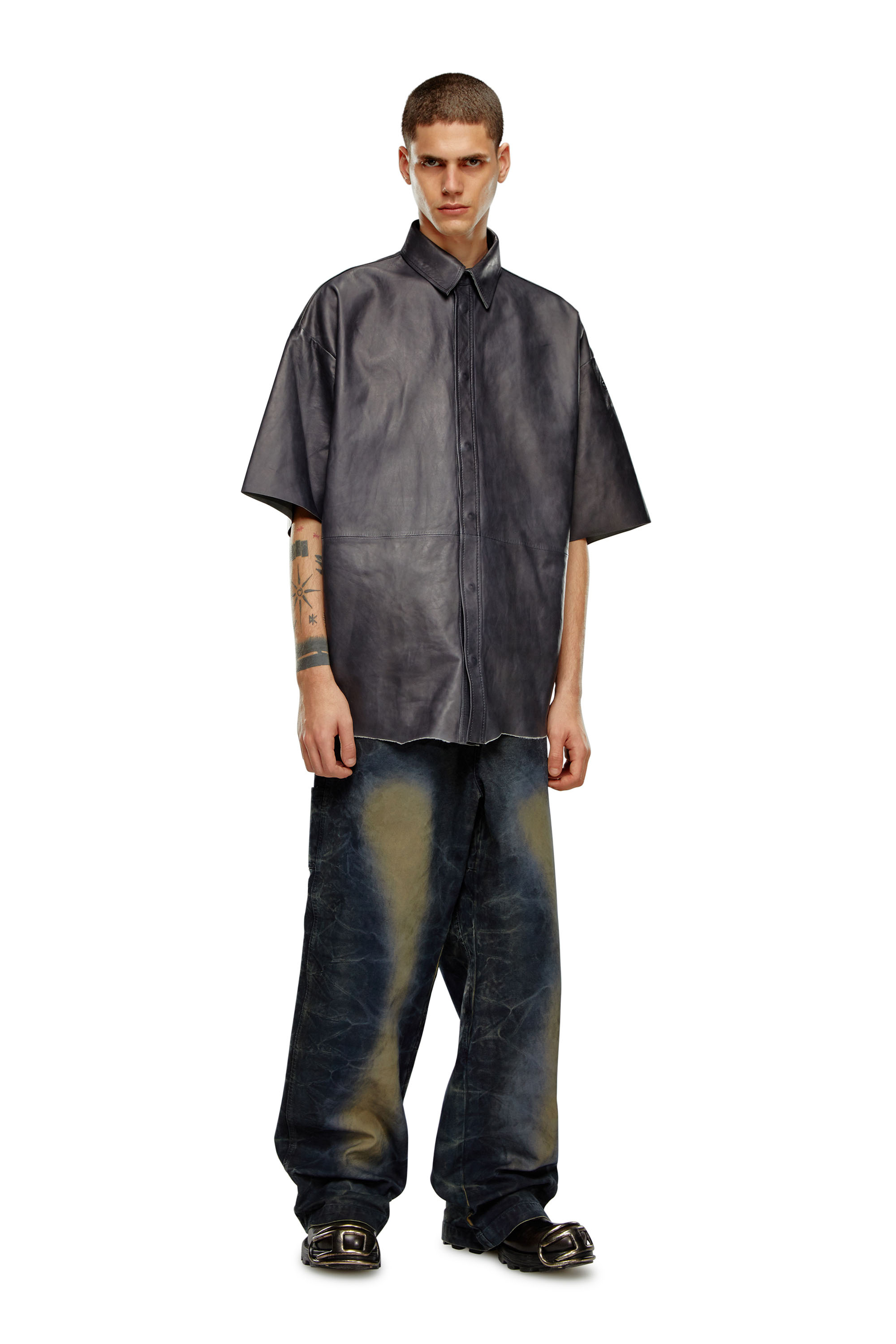 Diesel - S-EMIN-LTH, Man Oversized shirt in treated leather in Black - Image 2