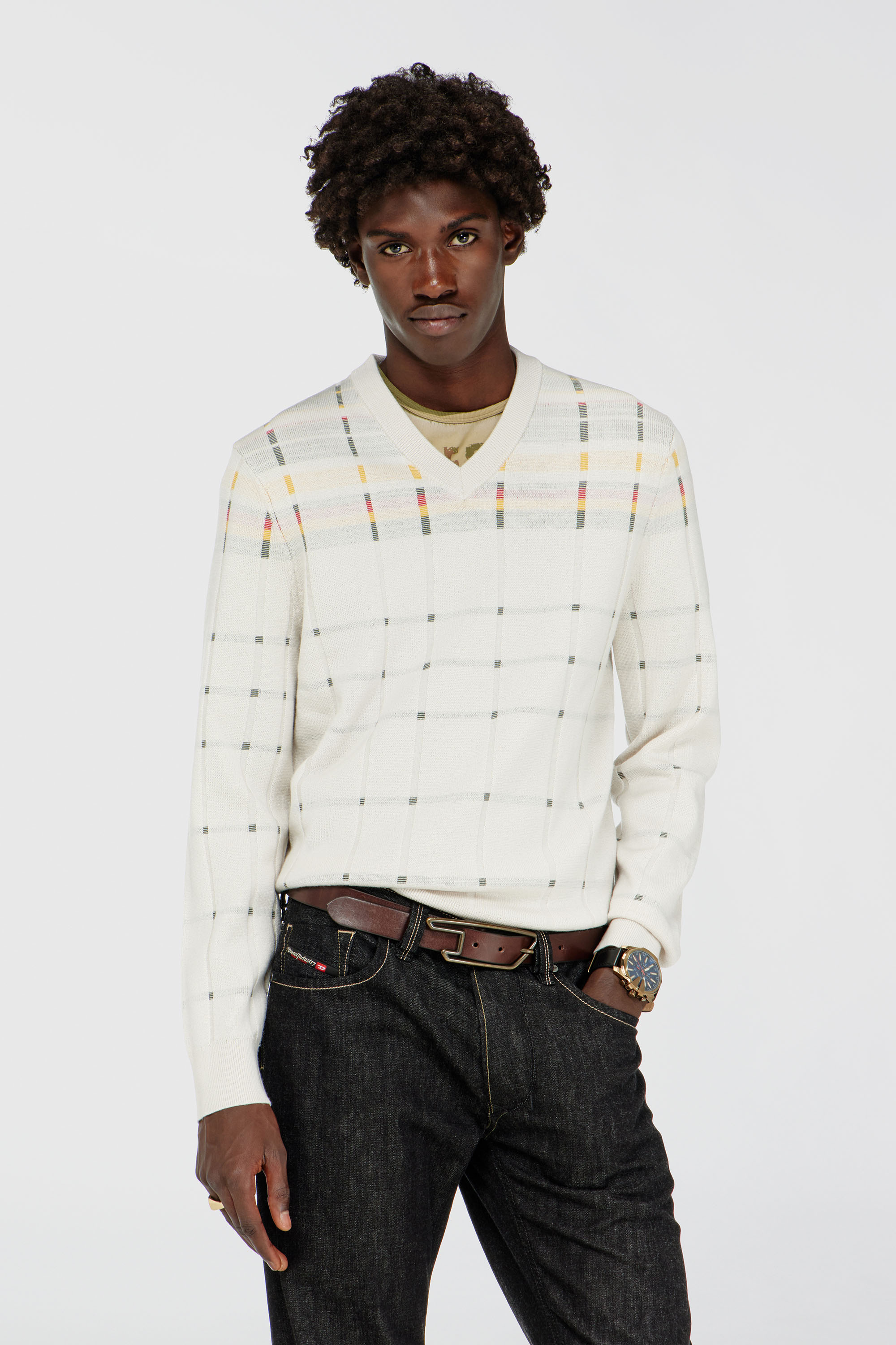 Diesel - K-ROENO, Man's Wool V-neck jumper with check effect in White - 3